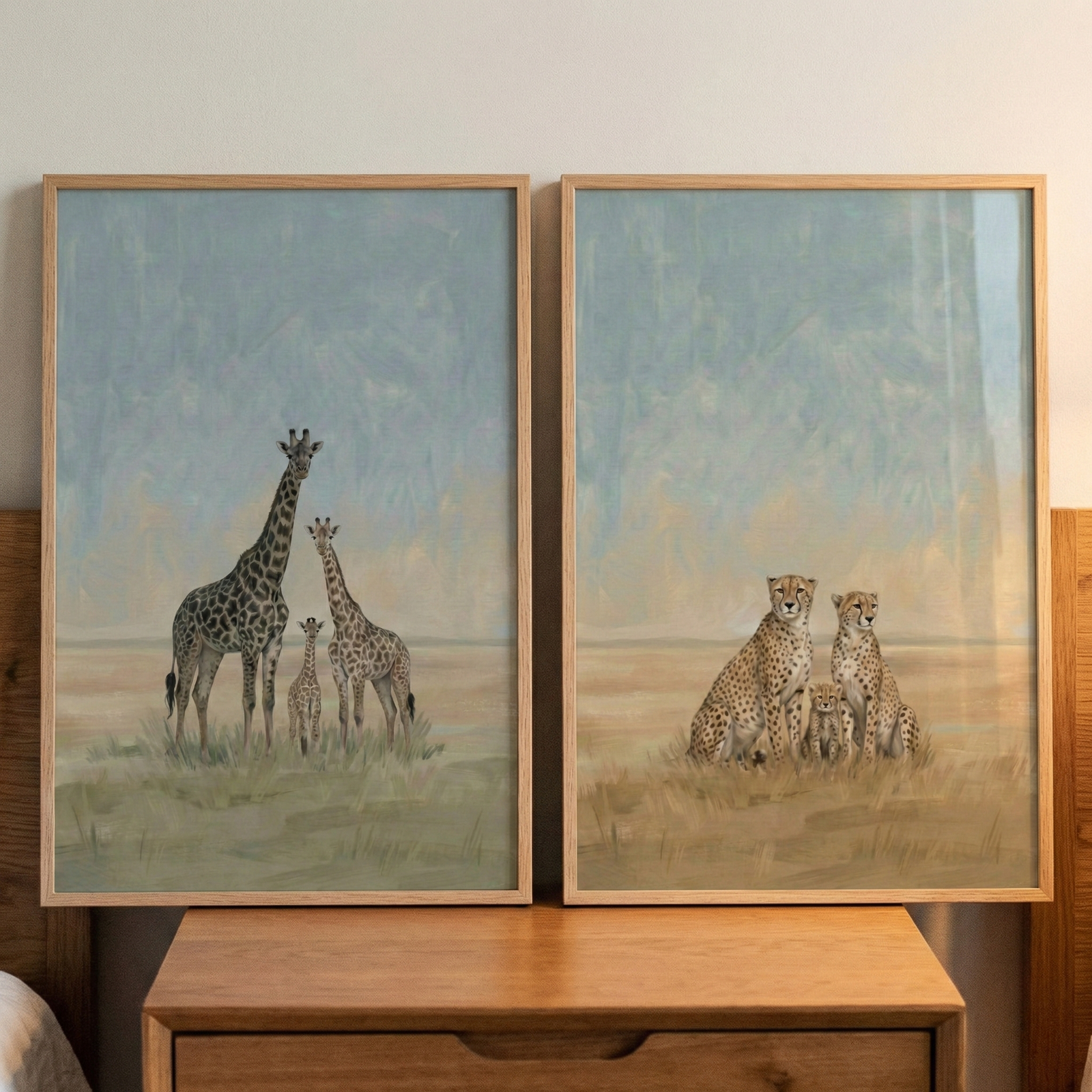 Two wooden-framed artworks are displayed side-by-side on a wooden dresser. The piece on the left features three giraffes of different sizes standing in a savanna landscape with a pale blue sky. The piece on the right shows three cheetahs, including a small cub, sitting together in a similar setting. Both illustrations have a soft, muted color palette and a textured, hand-crafted appearance, creating a calm and natural atmosphere.
