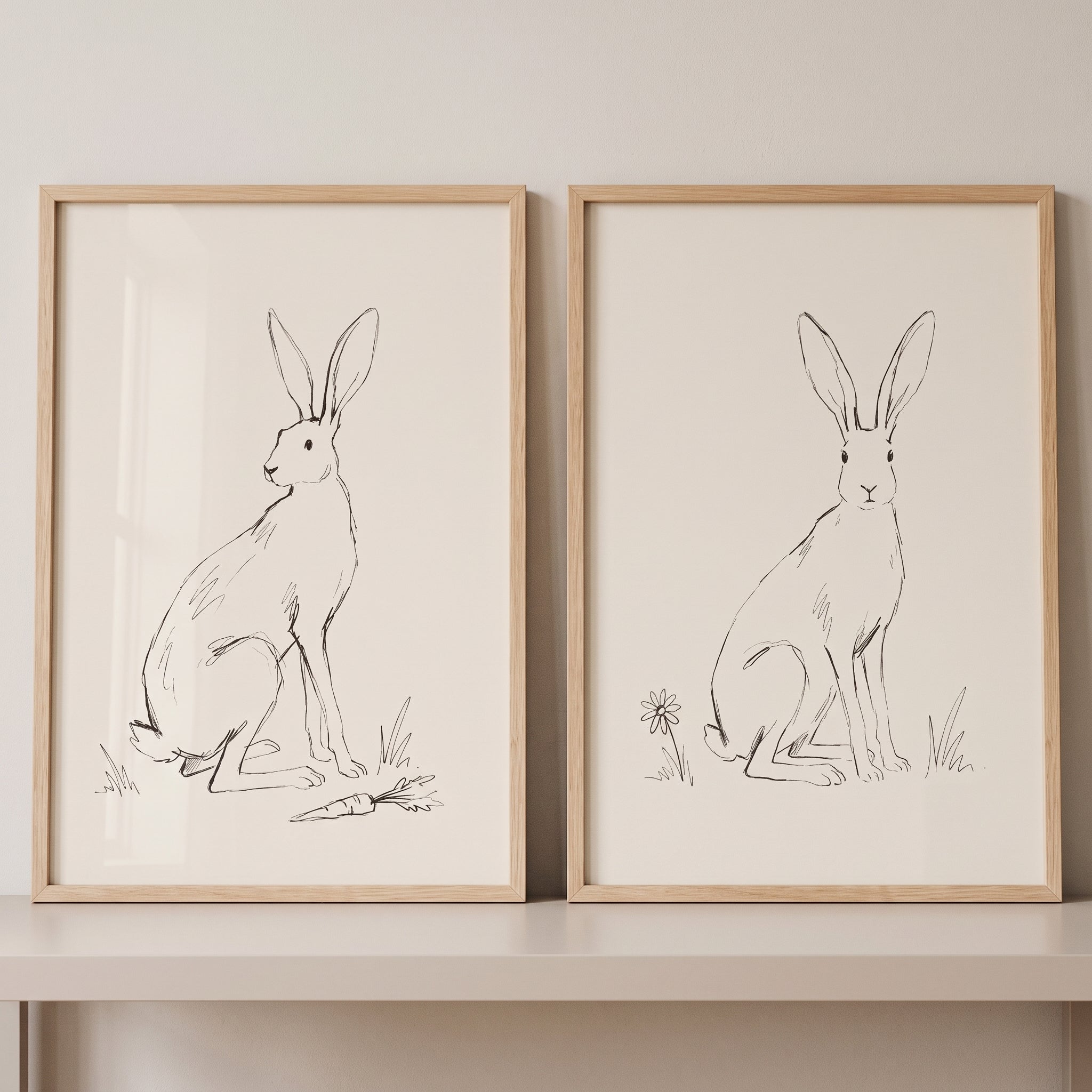 Neutral Nursery Bunny Wall Art Set of 2 - Minimalist Hare Duo