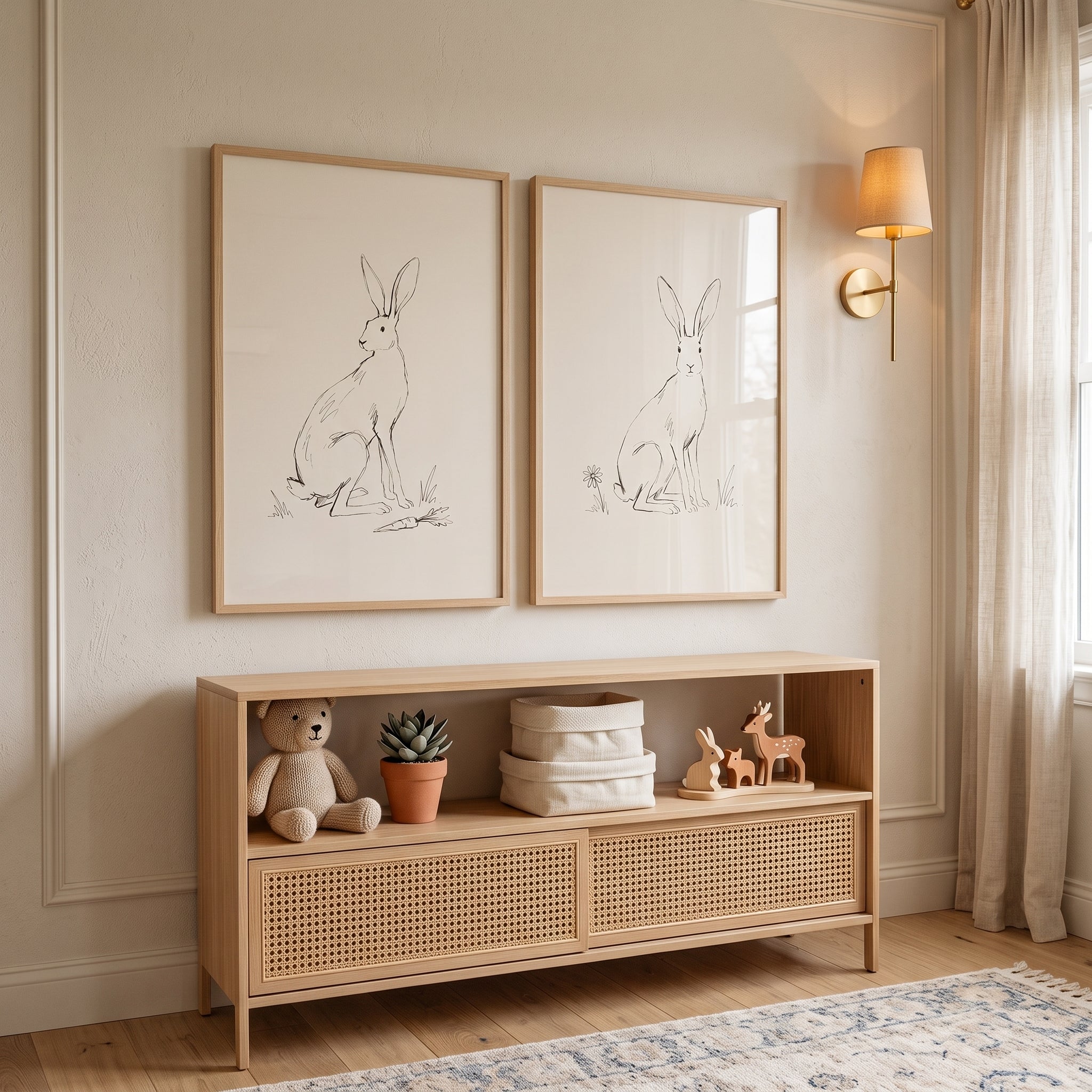 Neutral Nursery Bunny Wall Art Set of 2 - Minimalist Hare Duo