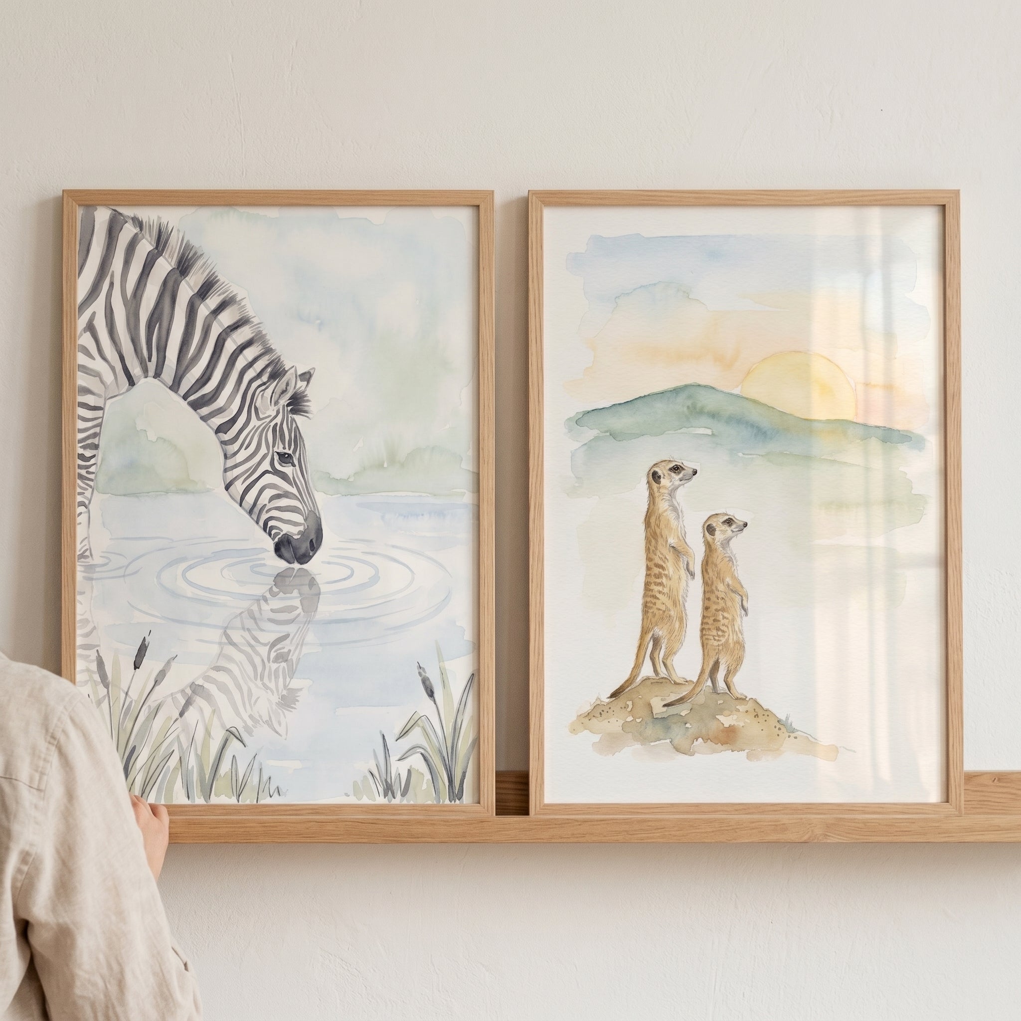 Neutral Nursery Safari Animal Wall Art Set of 2 - Savanna Sunset Scenes