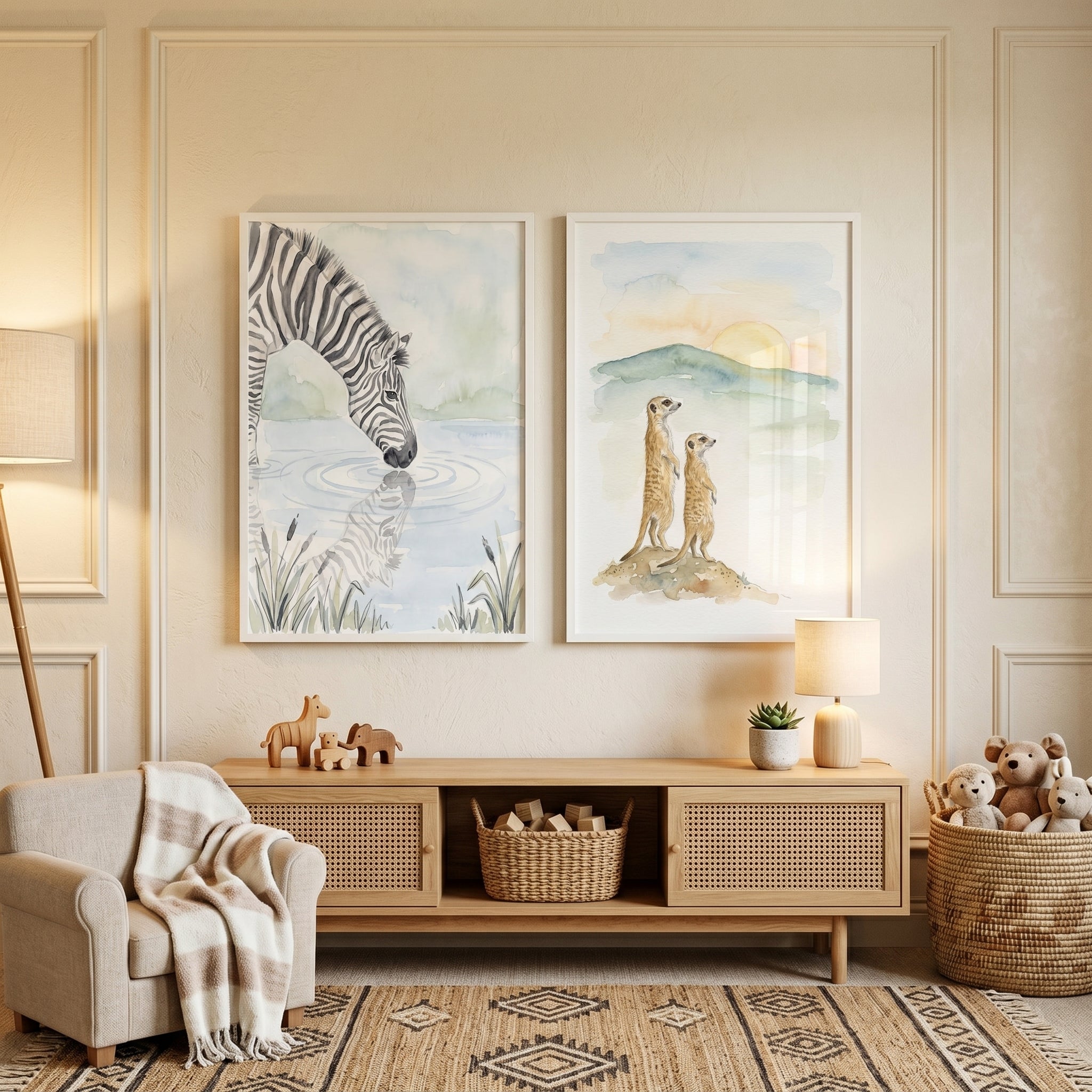 Neutral Nursery Safari Animal Wall Art Set of 2 - Savanna Sunset Scenes