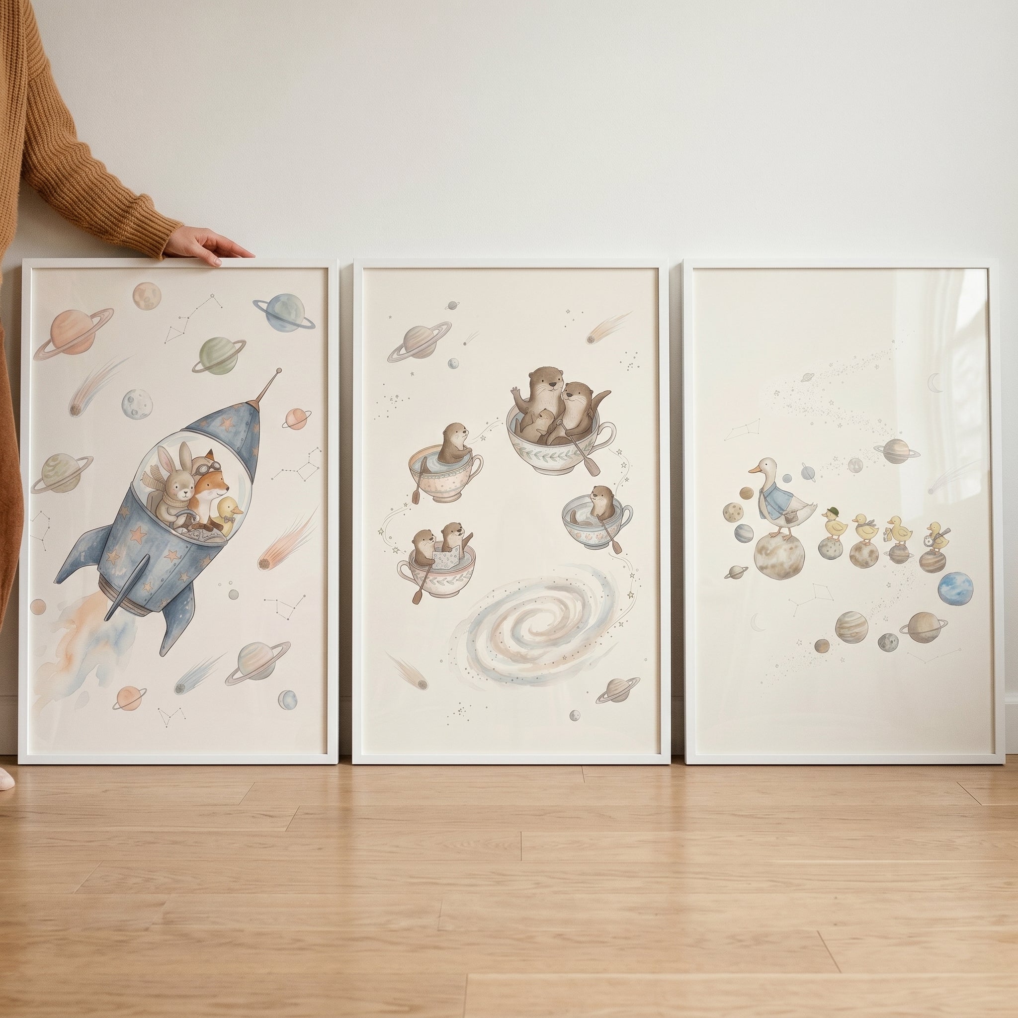 Neutral Nursery Space Animals Wall Art Set of 3 - Cosmic Animal Dreams