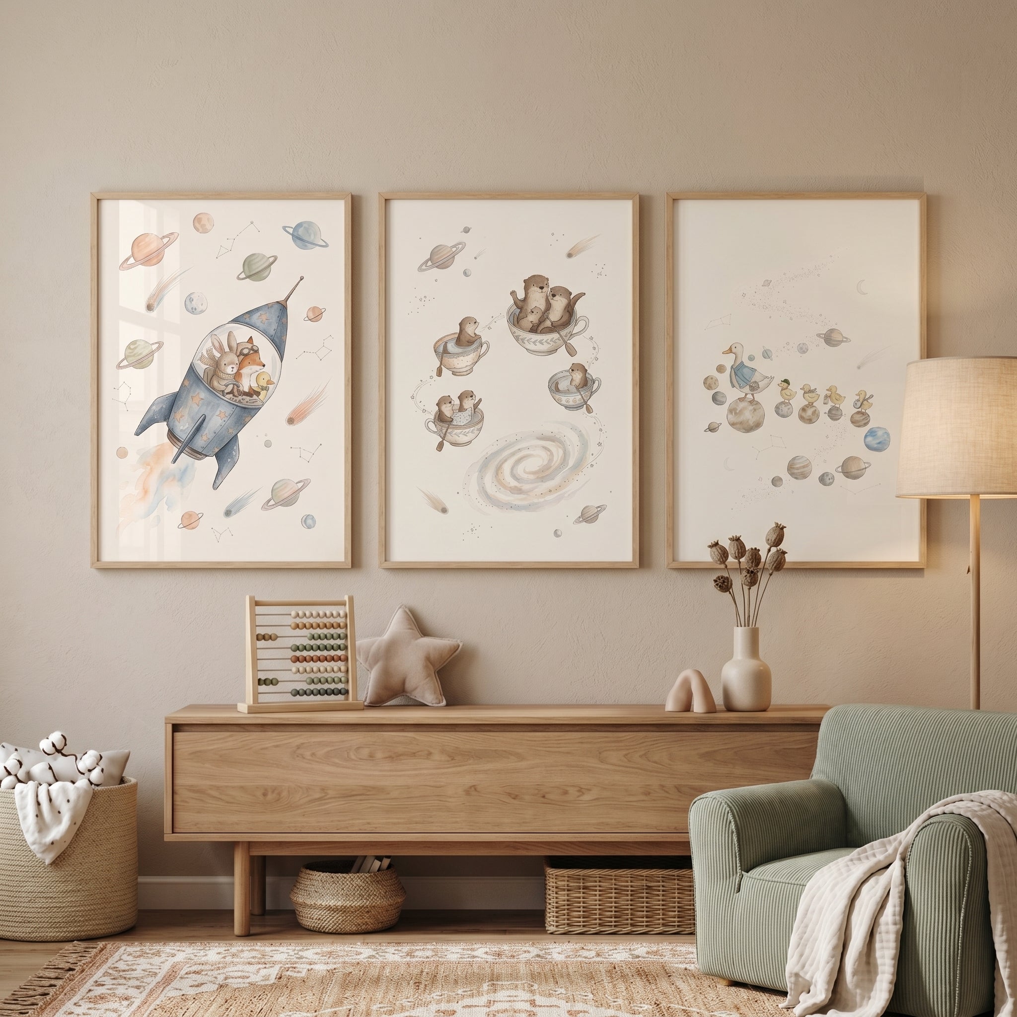 Neutral Nursery Space Animals Wall Art Set of 3 - Cosmic Animal Dreams