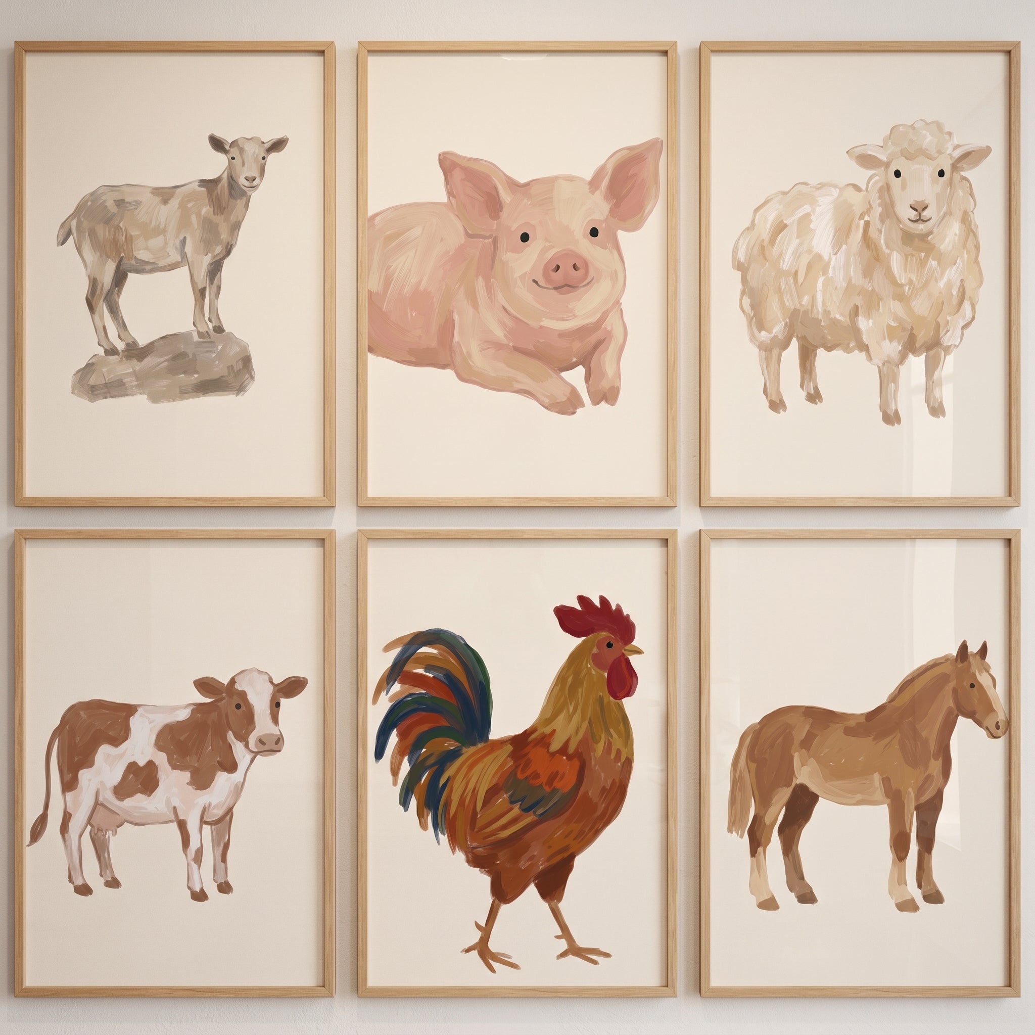 Neutral Painterly Farm Animals Wall Art Set of 6 - Barnyard Animal Portraits