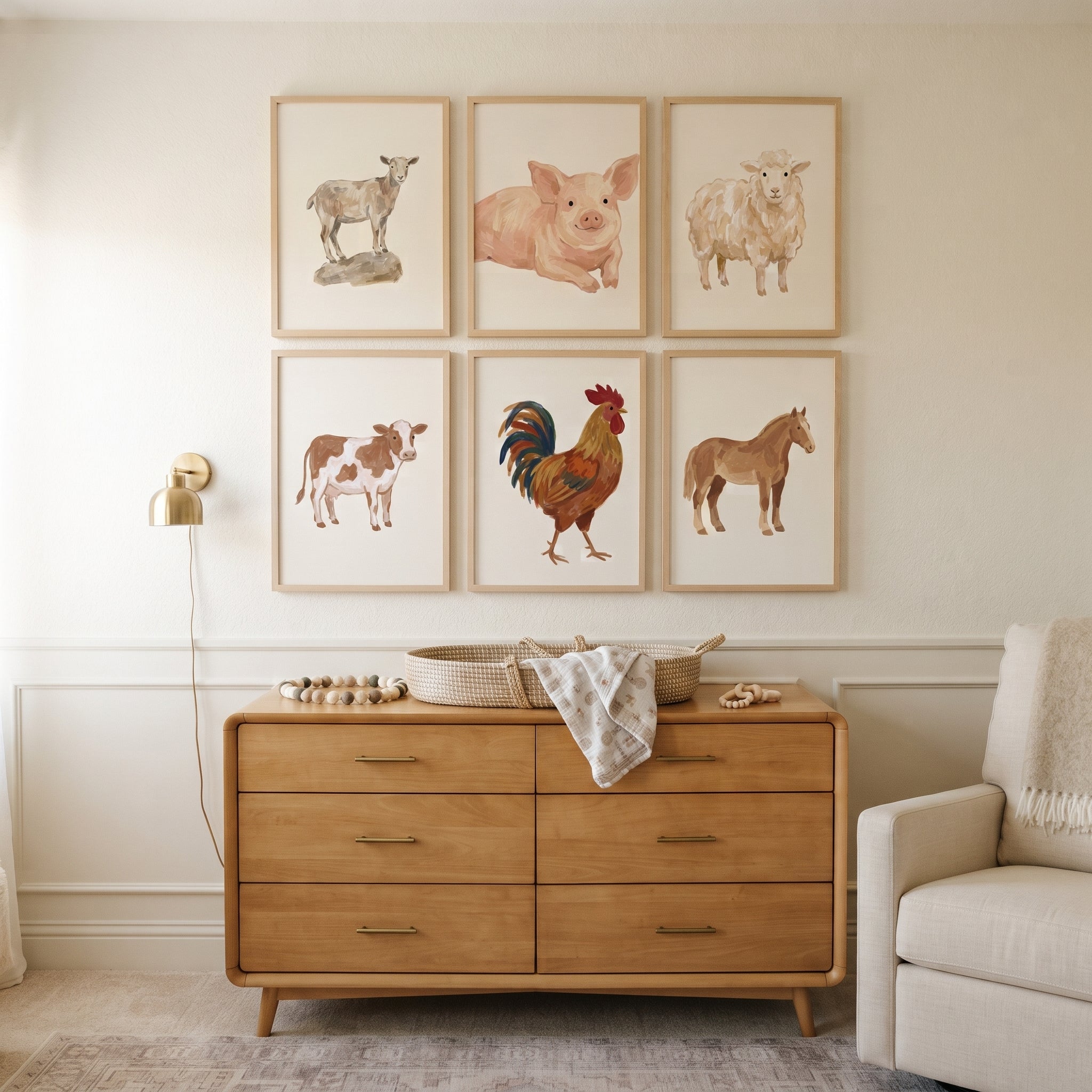 Neutral Painterly Farm Animals Wall Art Set of 6 - Barnyard Animal Portraits