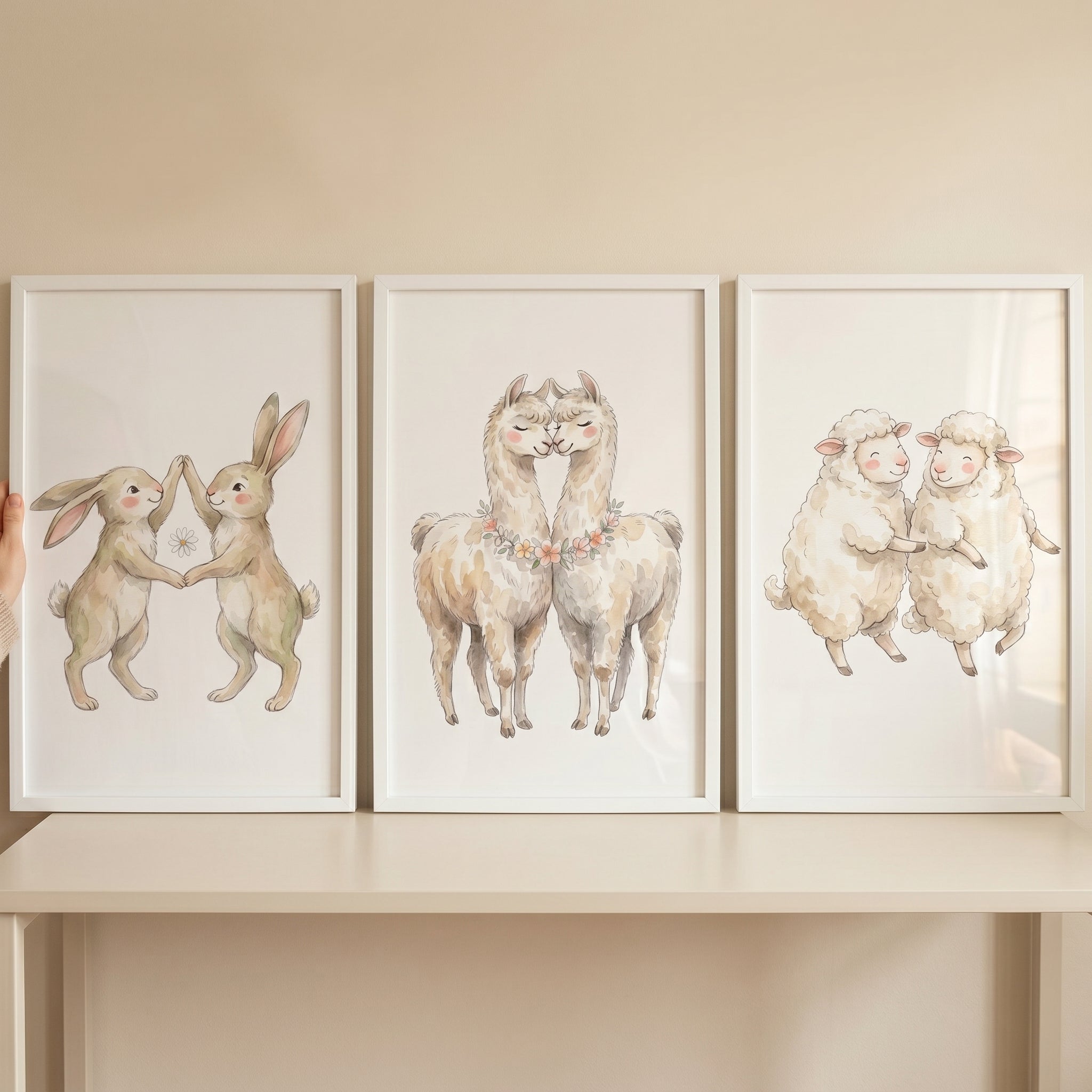 Neutral Palette Dancing Animals Wall Art Set of 3 - Whimsical Animal Duos