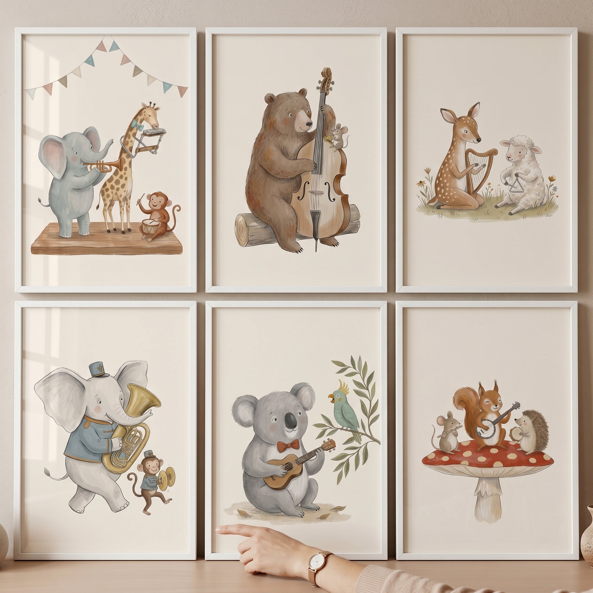 Neutral Palette Musical Animal Wall Art Set Of 6 - Musical Animal Friends