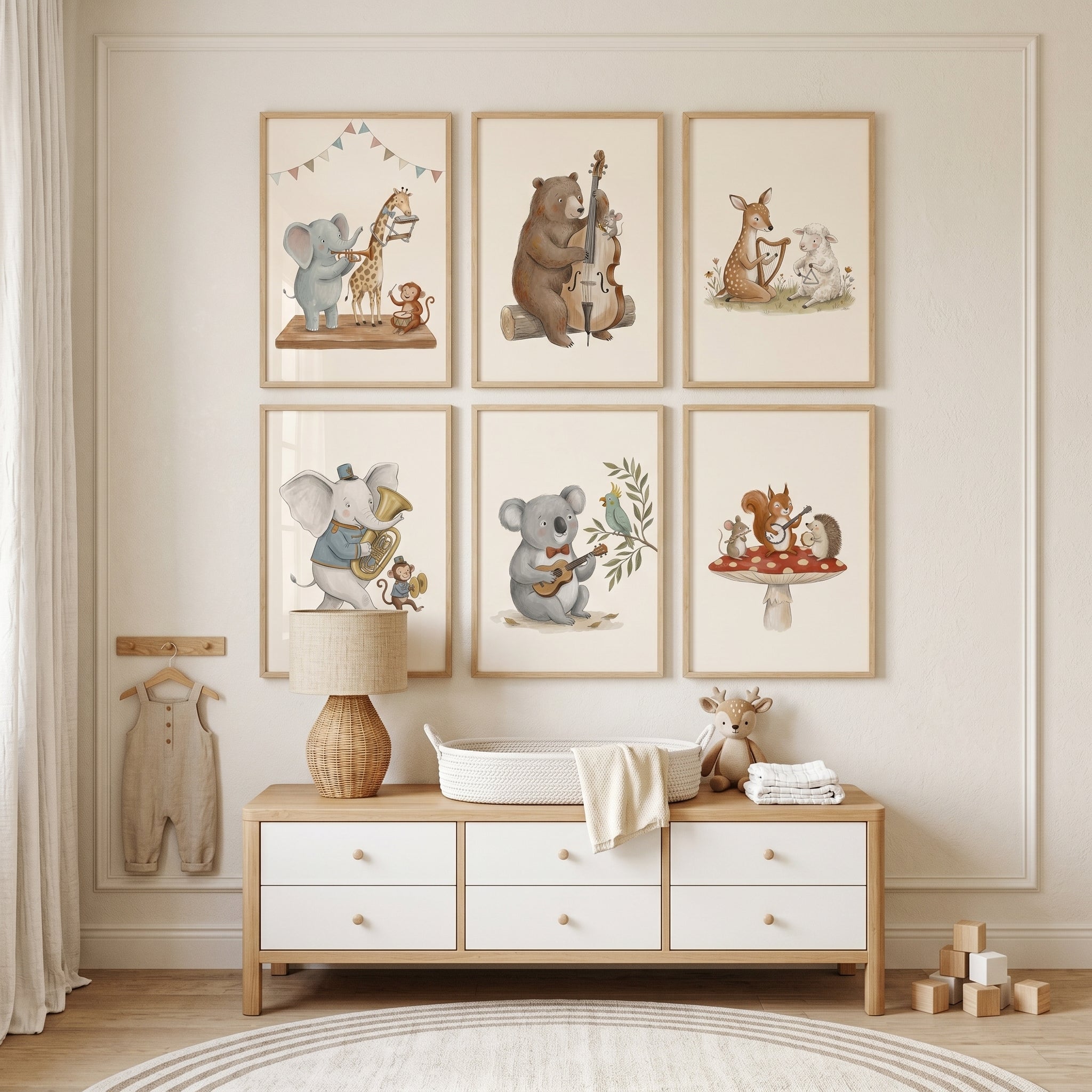 Neutral Palette Musical Animal Wall Art Set Of 6 - Musical Animal Friends