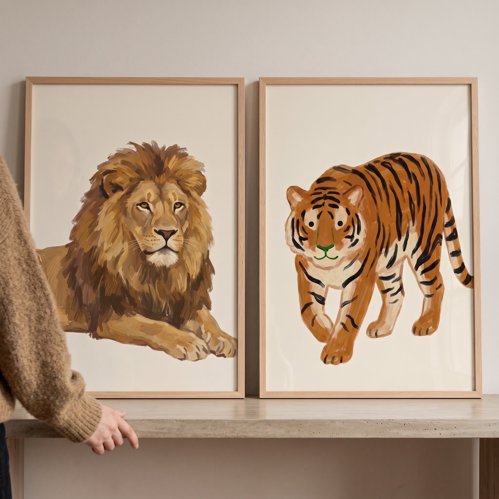 Neutral Palette Safari Animals Wall Art Set of 2 - Majestic Wild Cats