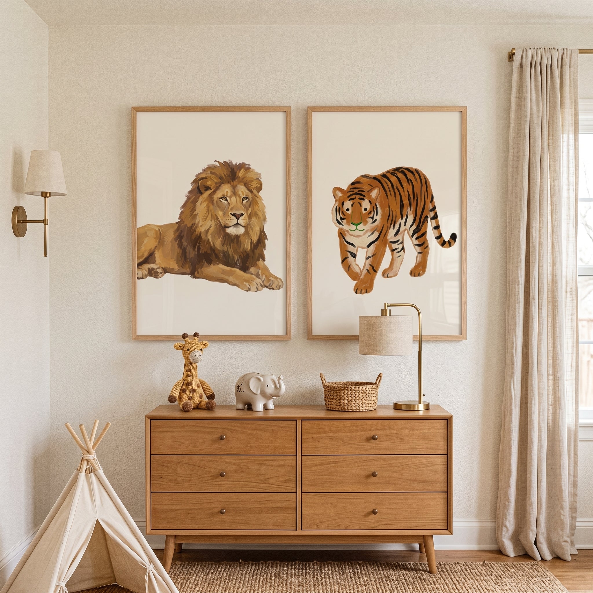 Neutral Palette Safari Animals Wall Art Set of 2 - Majestic Wild Cats