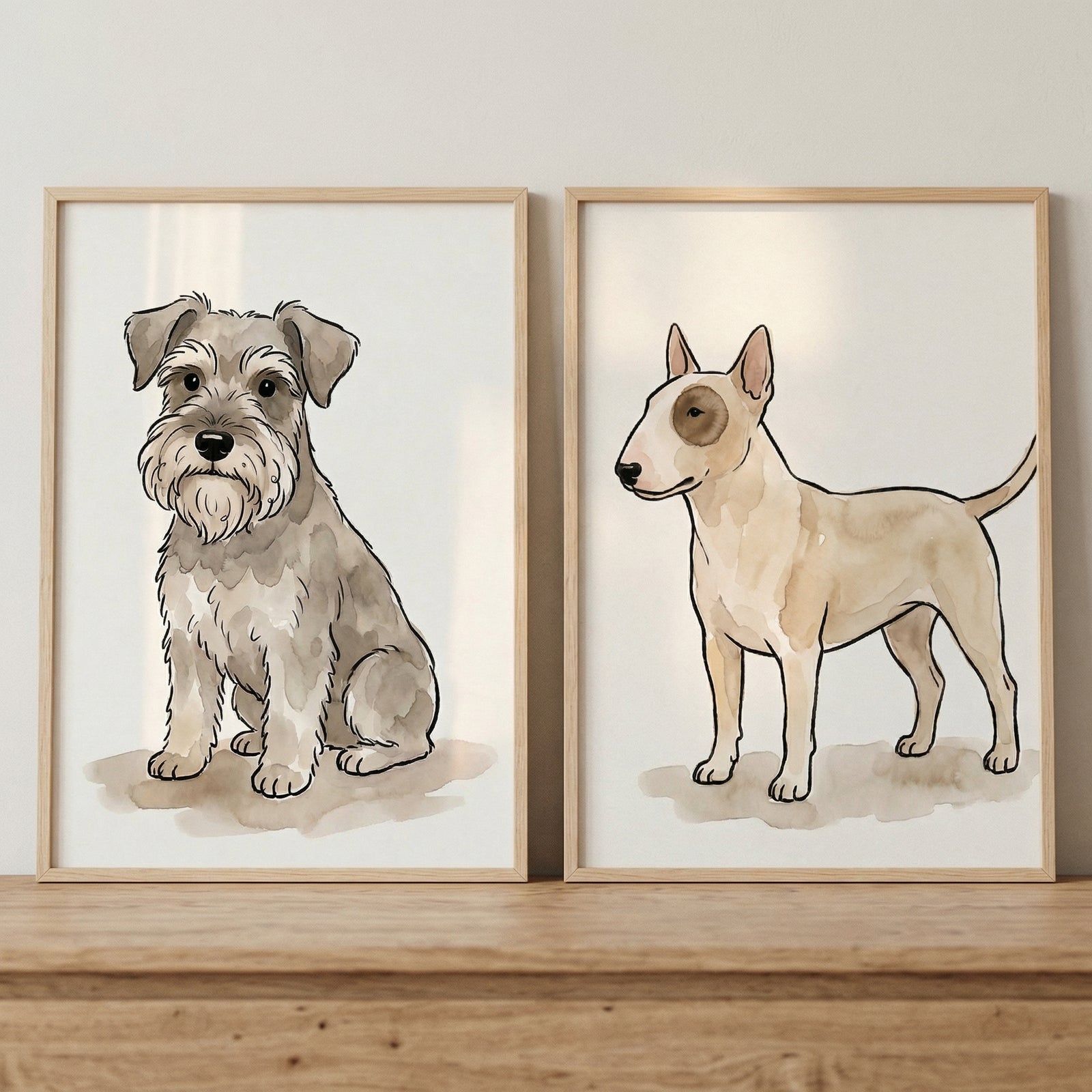 Two framed watercolor-style illustrations of dogs are displayed side-by-side on a wooden ledge against a plain, light-colored wall. The frame on the left contains a drawing of a grey and white bearded terrier sitting calmly and facing forward. 