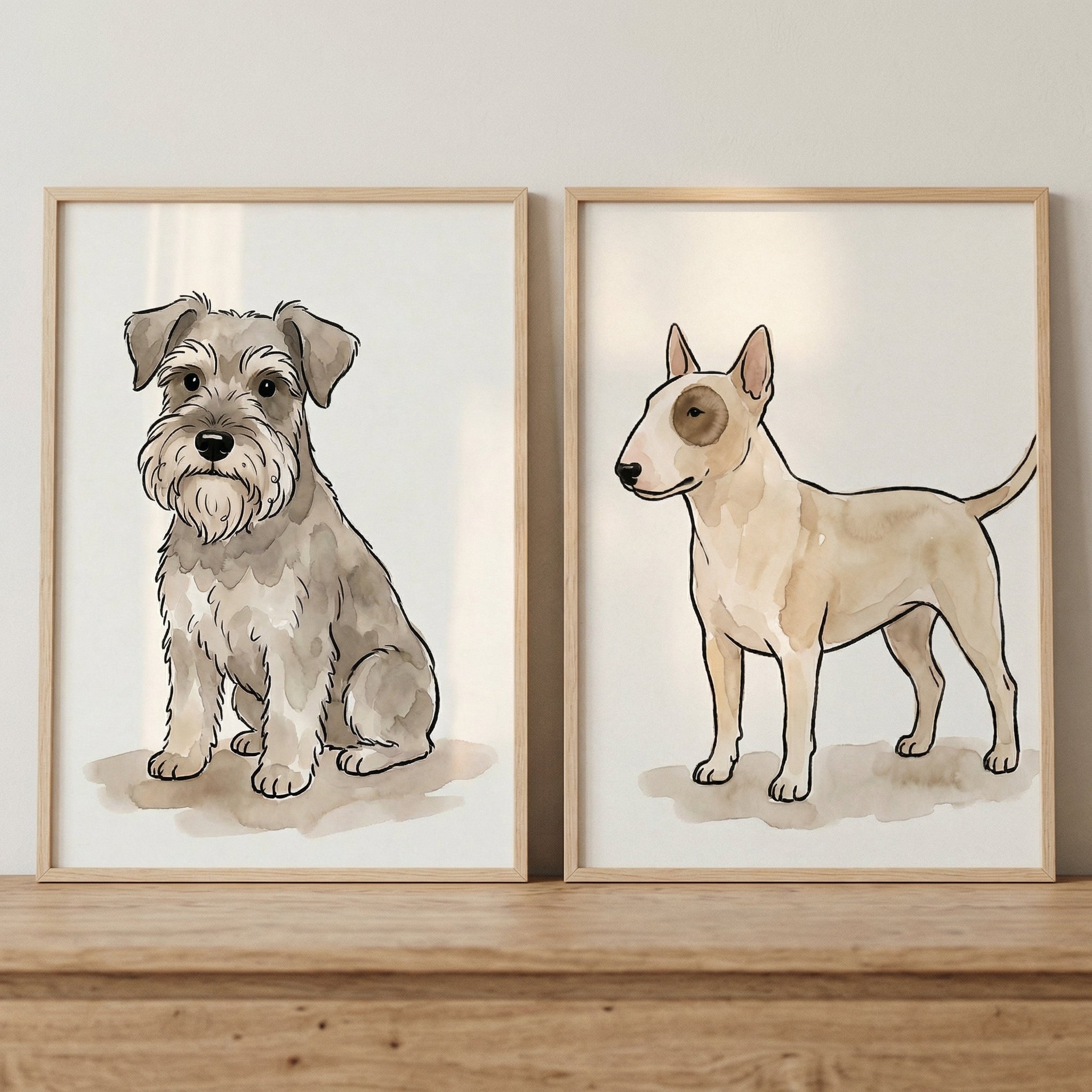 Neutral Palette Sketched Dog Wall Art Set of 2 - Watercolor Dog Pair
