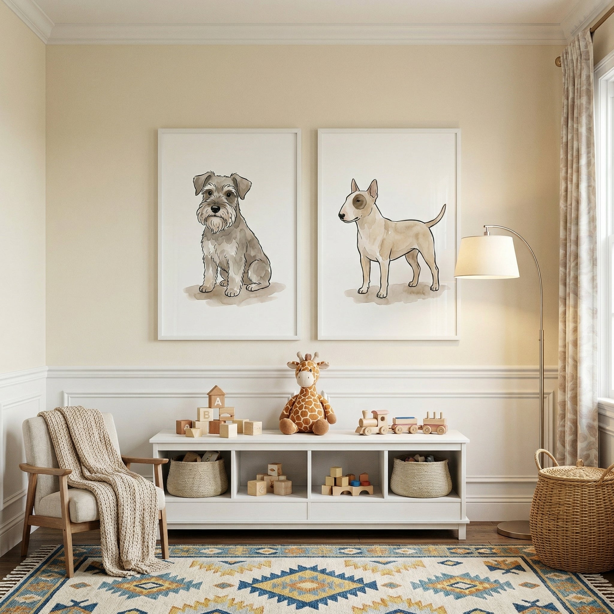 Neutral Palette Sketched Dog Wall Art Set of 2 - Watercolor Dog Pair