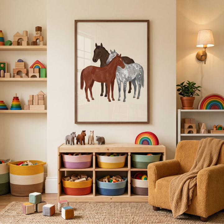 Neutral palette trio horse wall art in a nursery with wooden toys, colorful baskets, and a cozy yellow armchair.