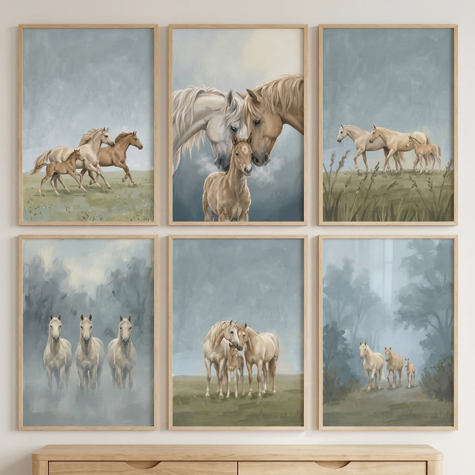 Six framed horse paintings arranged in two rows above a light wood dresser. The scenes show horses and foals running across open grassland, two adult horses nuzzling a foal, three white horses standing in mist, a horse family gathered closely together, and three horses walking along a foggy forest path.