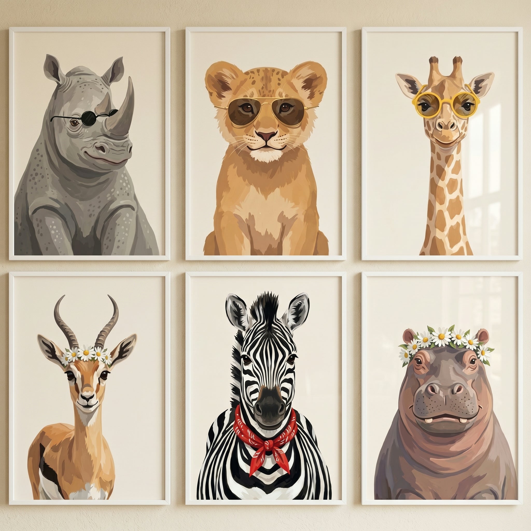 Neutral Portrait Safari Animals Artwork Set of 6 - Trendy Safari Friends