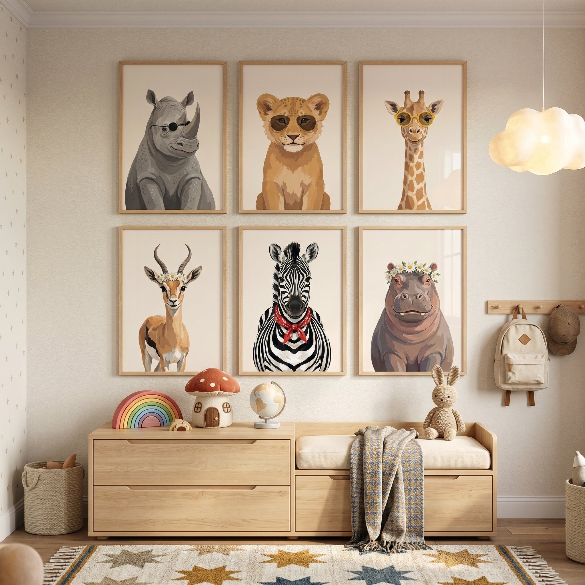 Neutral Portrait Safari Animals Artwork Set of 6 - Trendy Safari Friends