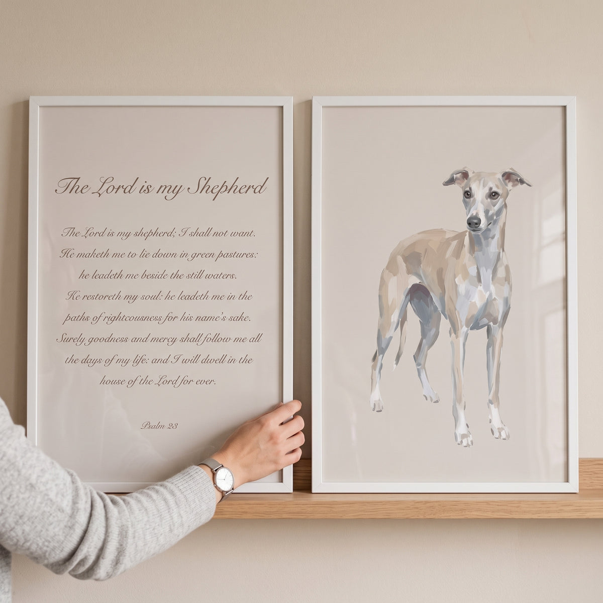 Neutral Psalm 23 Greyhound Wall Art Set of 2 - Faithful Hound Psalm