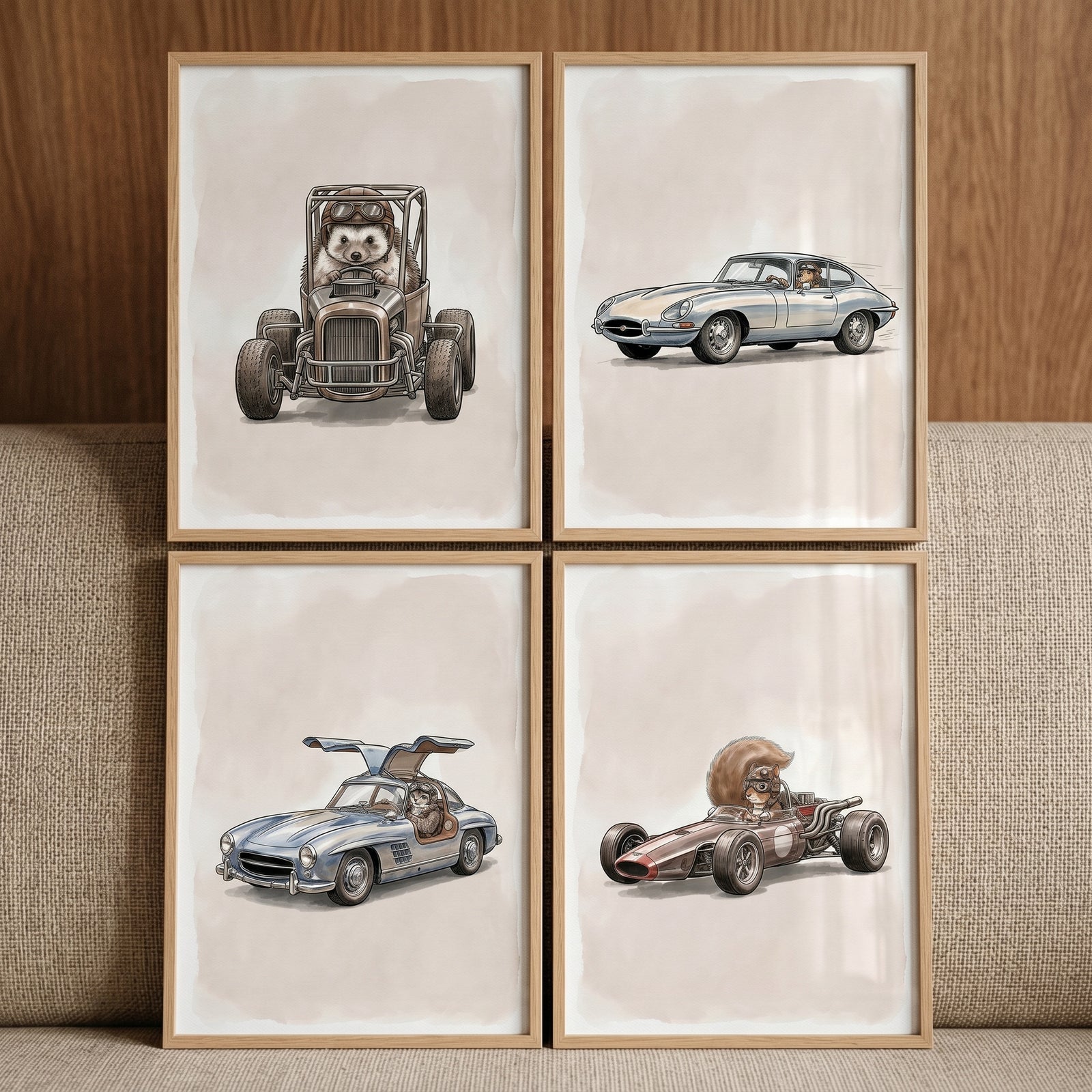 Neutral racing woodland animal wall art set of 4 depicts a squirrel, hedgehog, and mice driving vintage racing cars.