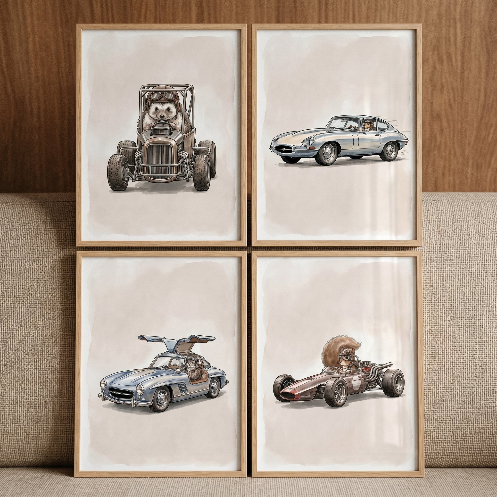 Neutral Racing Woodland Animal Wall Art Set of 4 - Fast Forest Friends