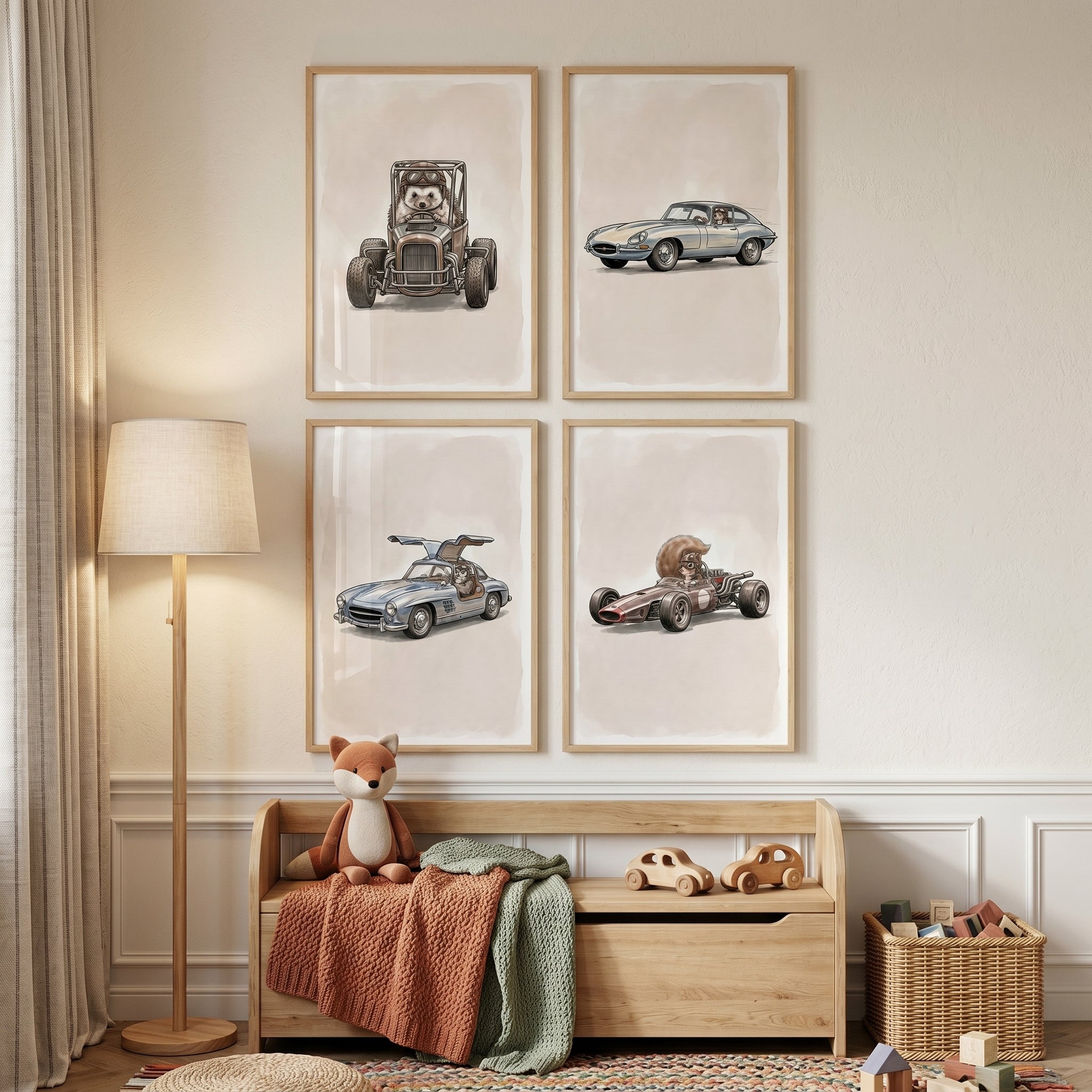 Neutral Racing Woodland Animal Wall Art Set of 4 - Fast Forest Friends