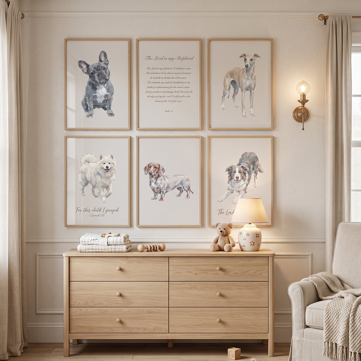 Neutral Religious Watercolor Dogs Wall Art Set of 6 - Paws And Prayers