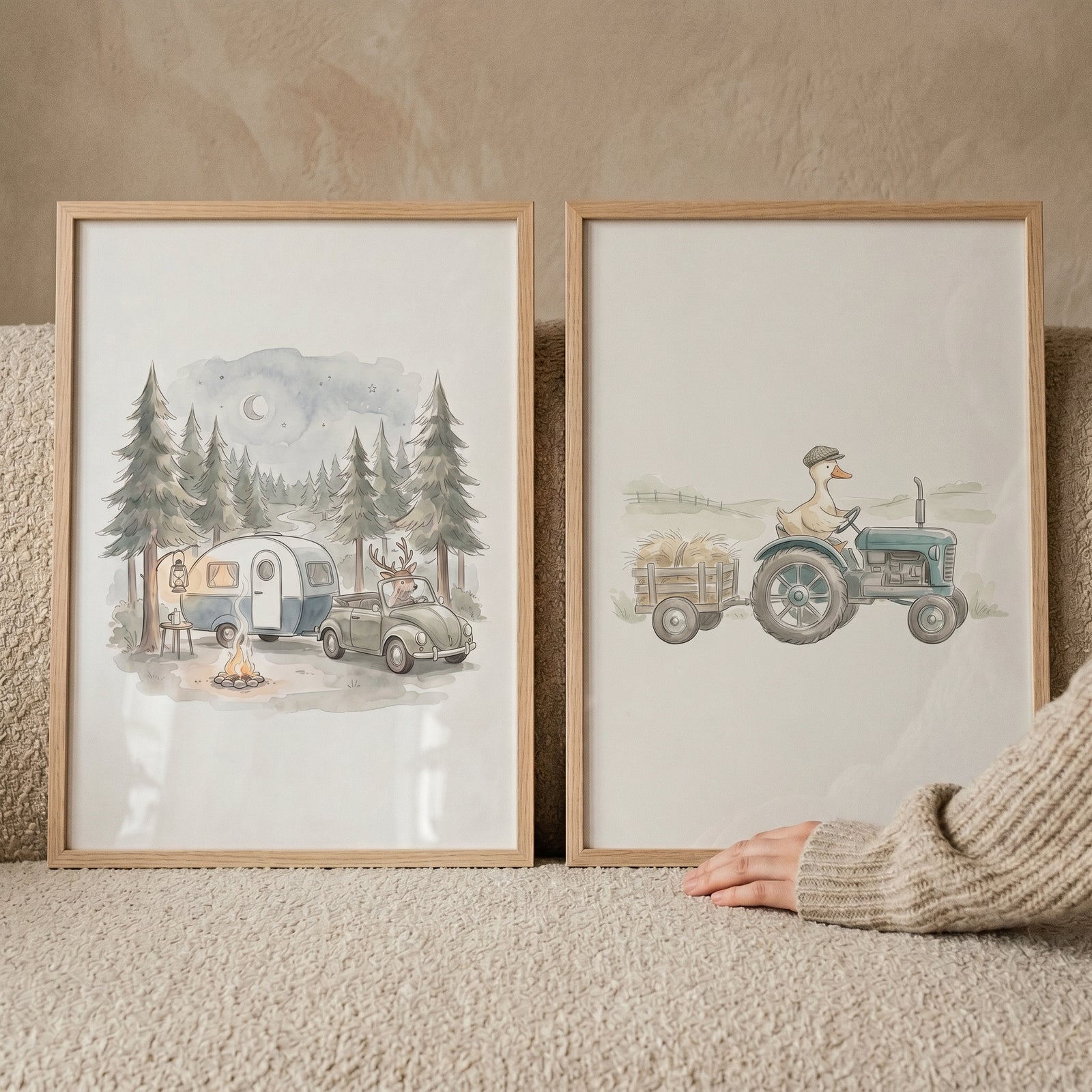 Neutral rustic driving animals wall art set of 2 shows a deer with a camper and a duck on a tractor.