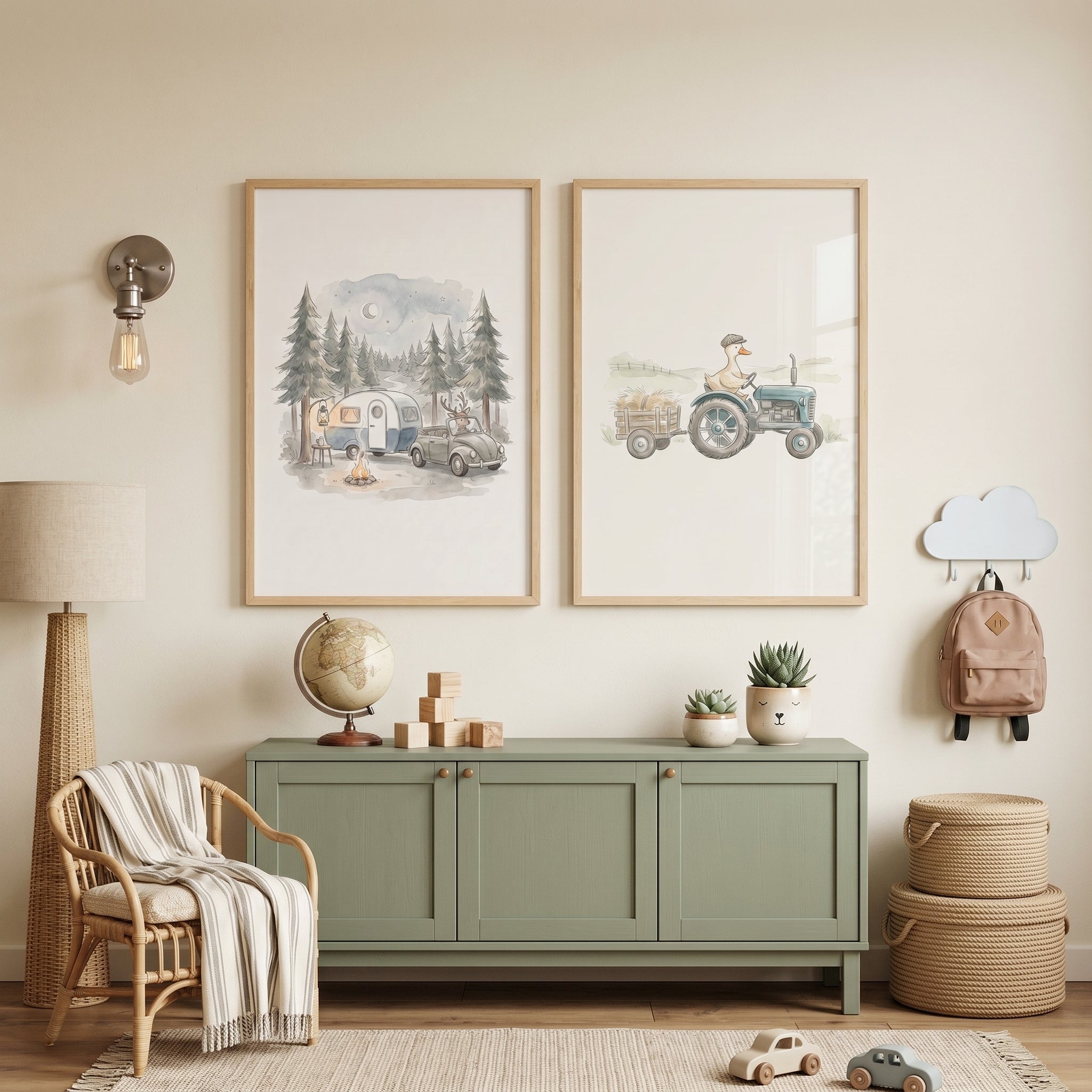 Neutral Rustic Driving Animals Wall Art Set of 2 - Rustic Nature Stories