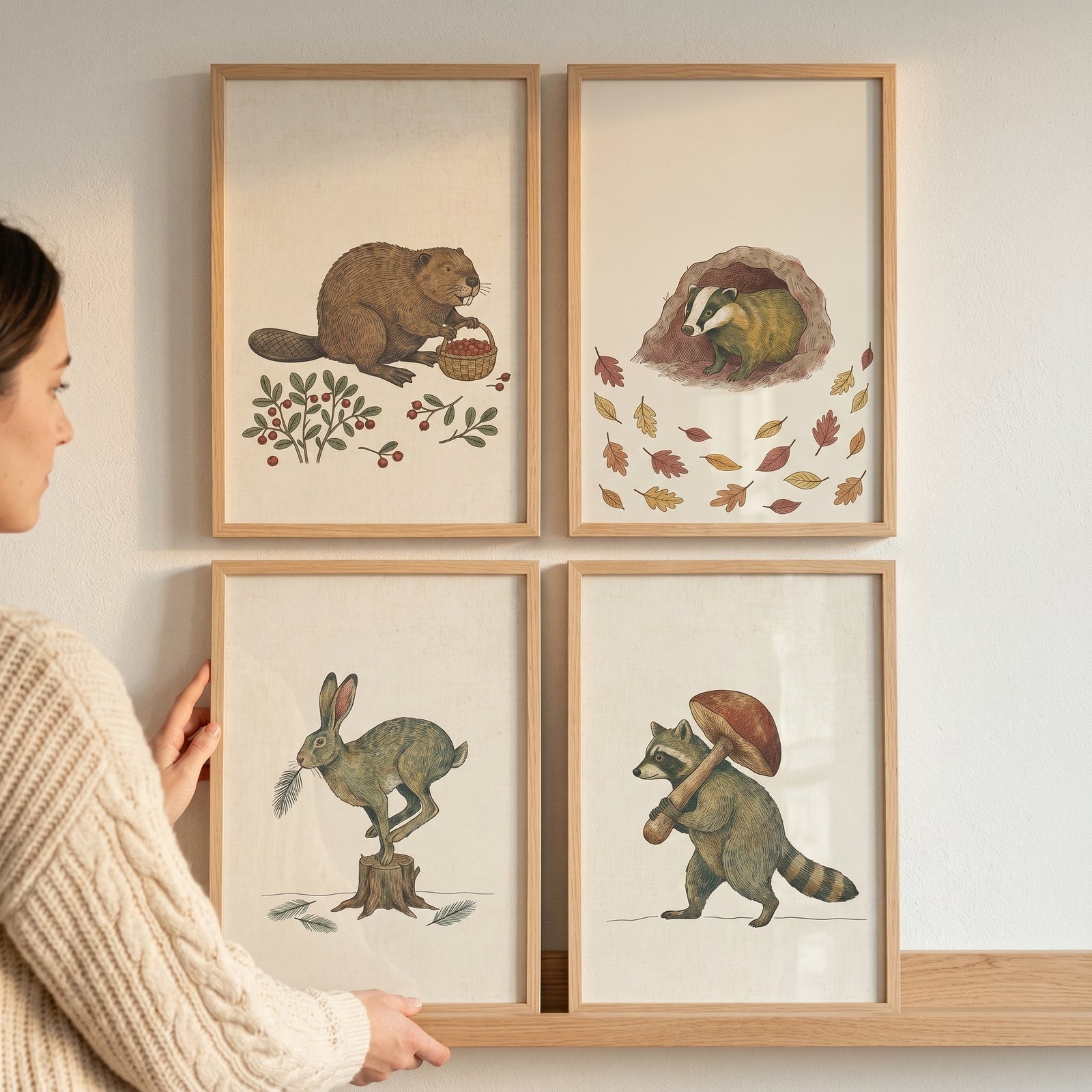 Woman holding a neutral rustic woodland animals wall art set of 4 featuring a beaver, badger, rabbit, and raccoon.