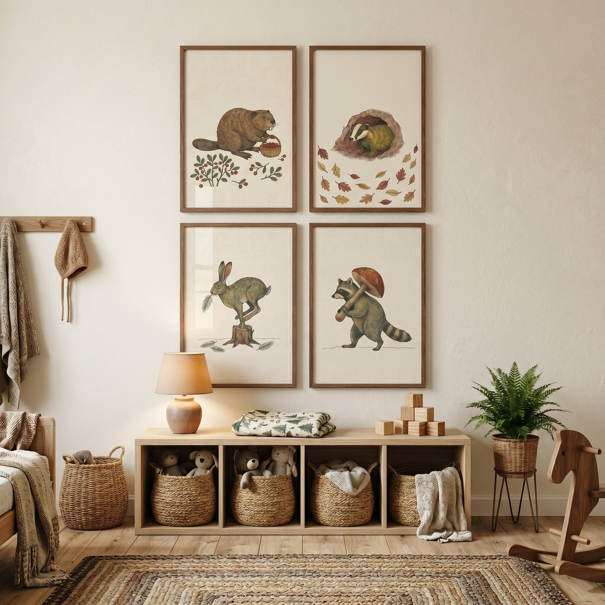 Neutral Rustic Woodland Animals Wall Art Set of 4 - Woodland Animal Tales