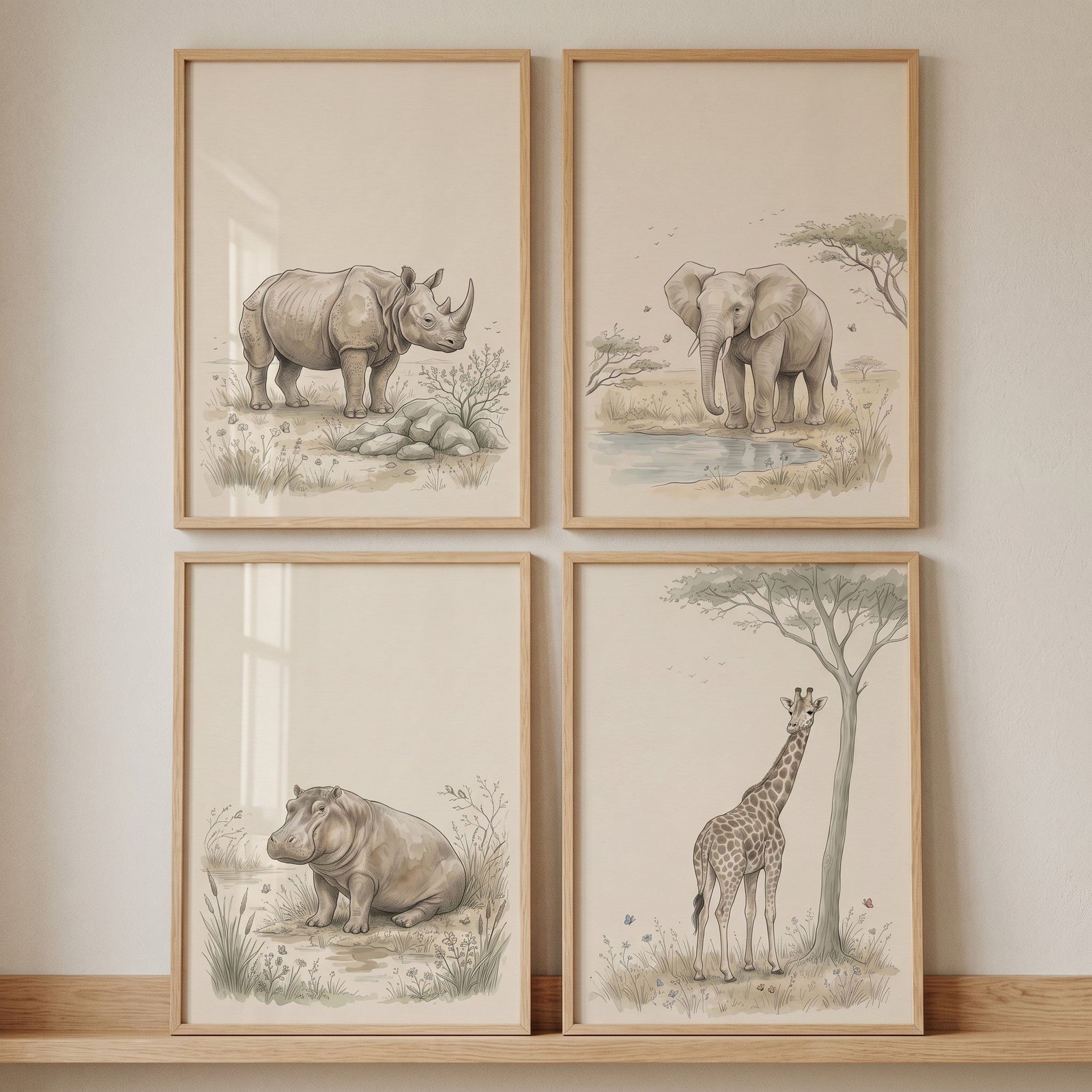 Neutral safari animal wall art set of 4 featuring a rhino, elephant, hippo, and giraffe in light wood frames.
