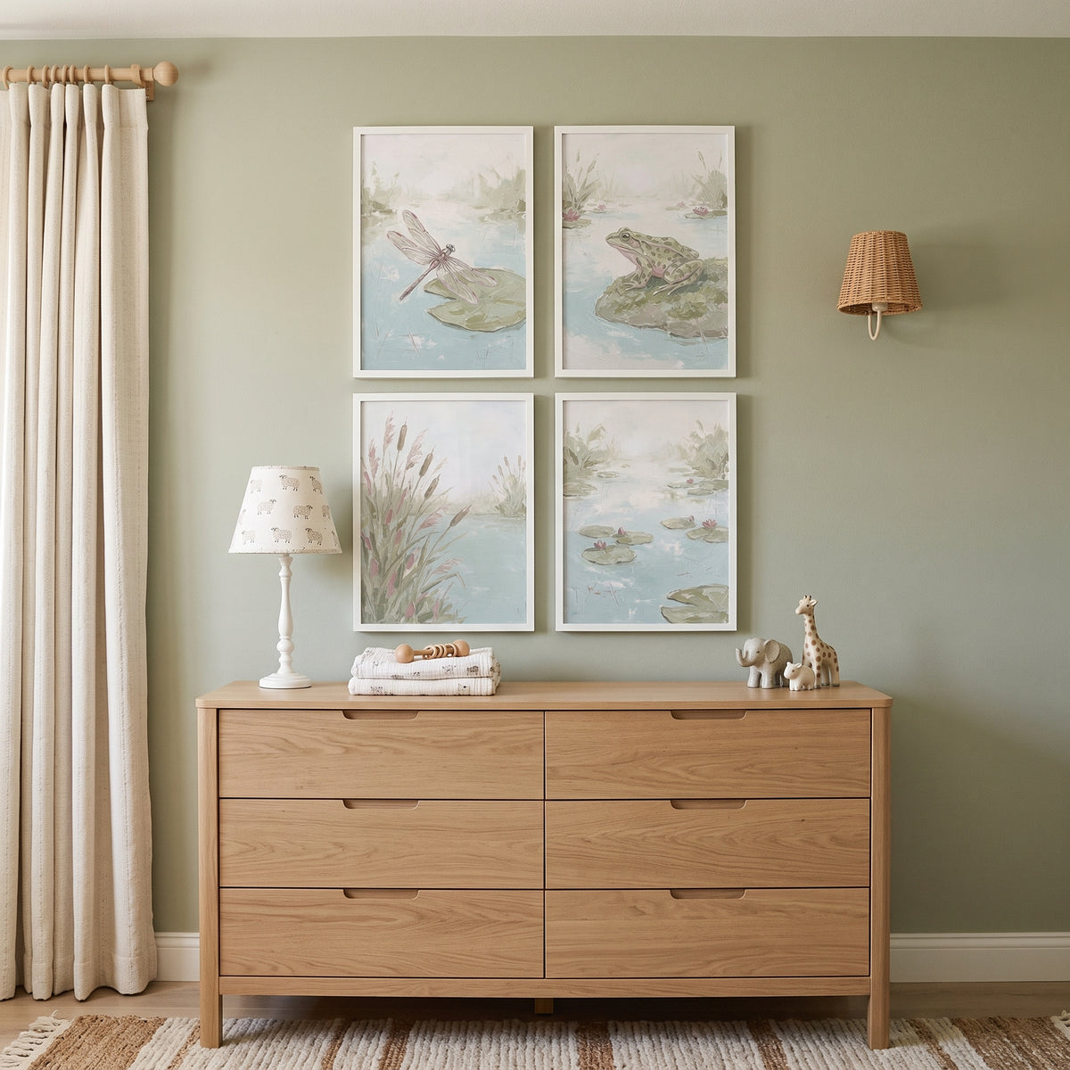 Neutral Sage Green Pond Animals Wall Art Set of 4 - Pondside Serenity