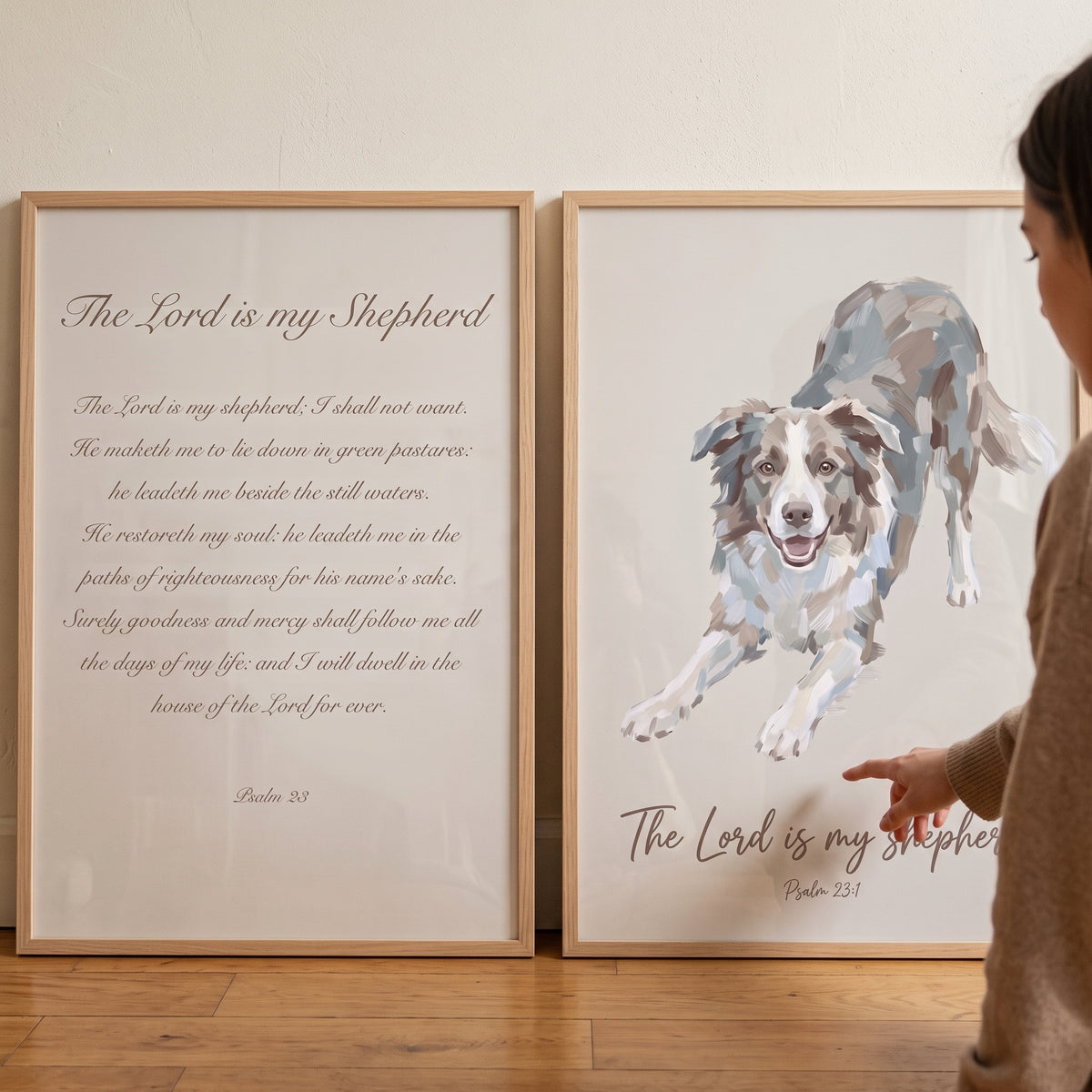 Neutral scripture border collie wall art set of 2 featuring Psalm 23 and a dog illustration in light wood frames.