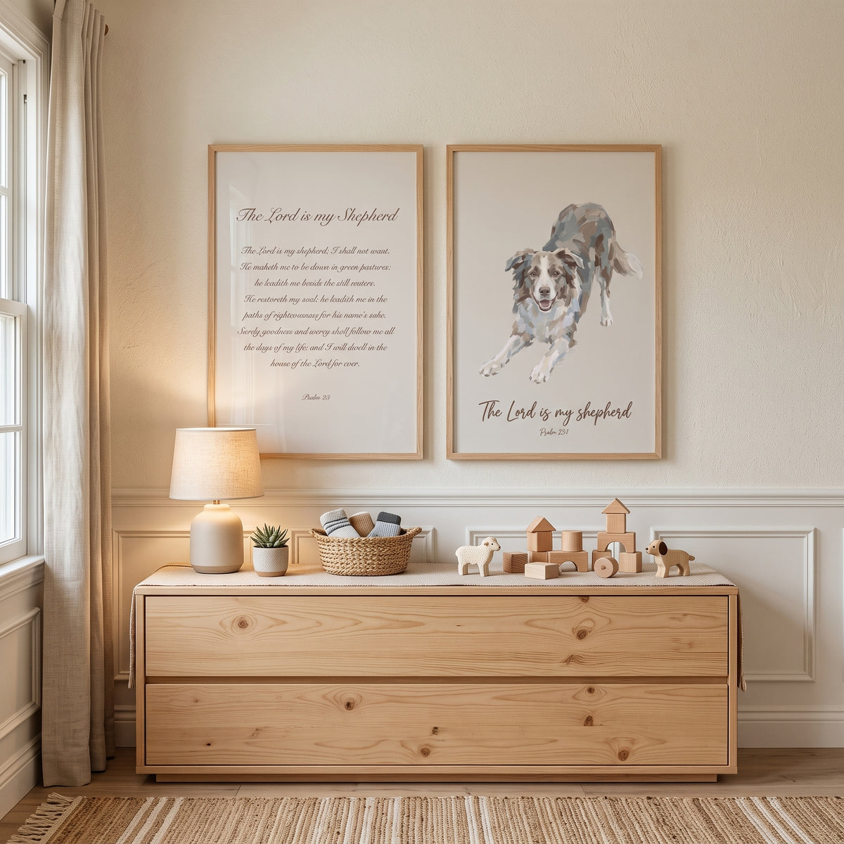 Neutral Scripture Border Collie Wall Art Set of 2 - Shepherd's Faithful Companion