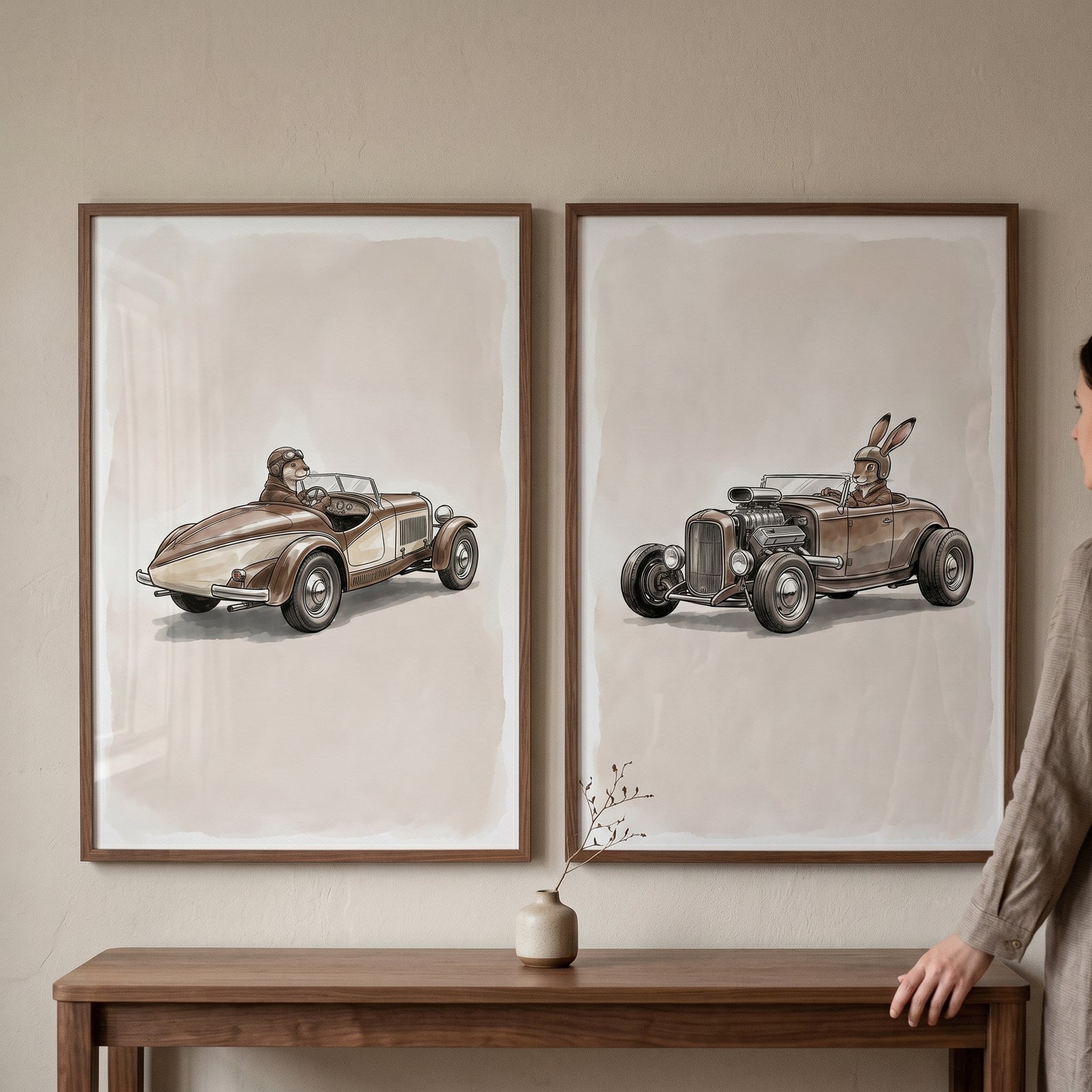 Framed neutral sepia driving animal wall art set of 2 with a dog and rabbit in vintage cars above a wood console table.