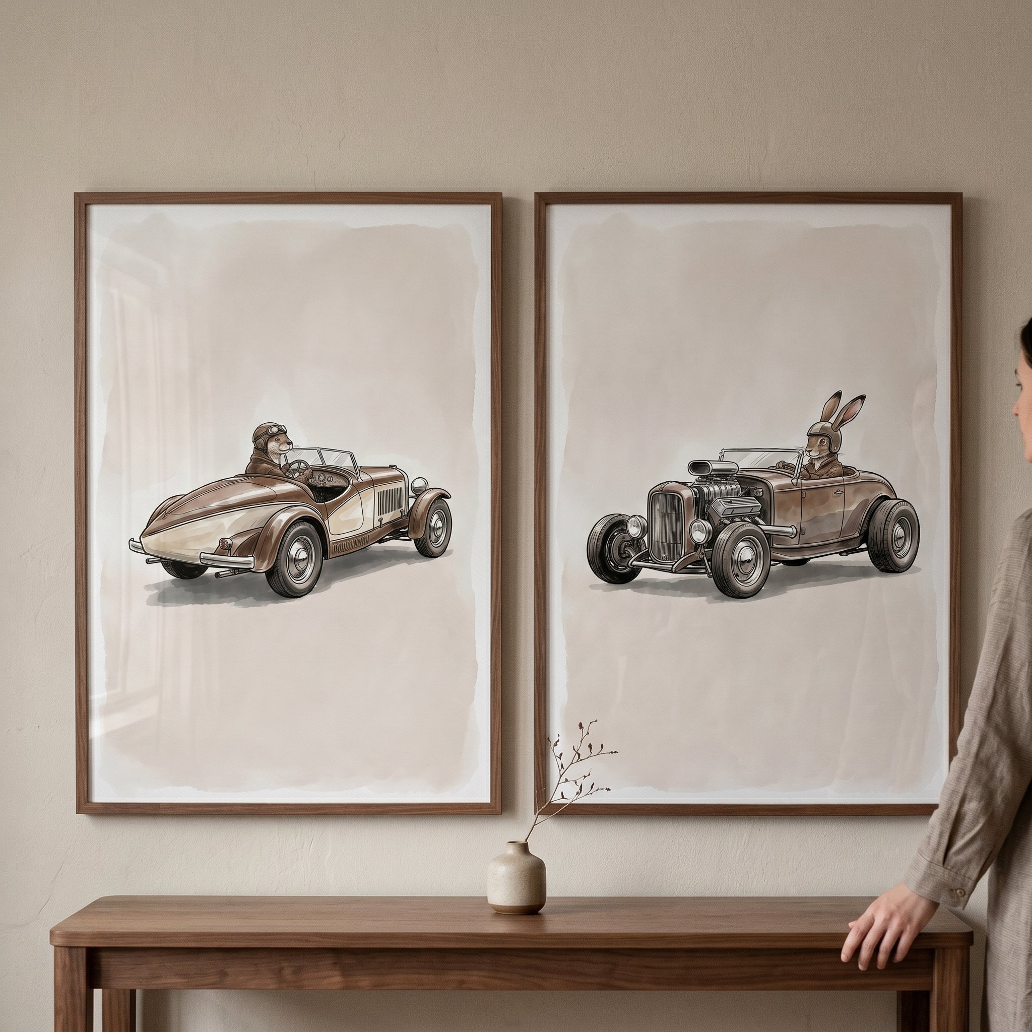 Neutral Sepia Driving Animal Wall Art Set of 2 - Retro Critter Cruisers