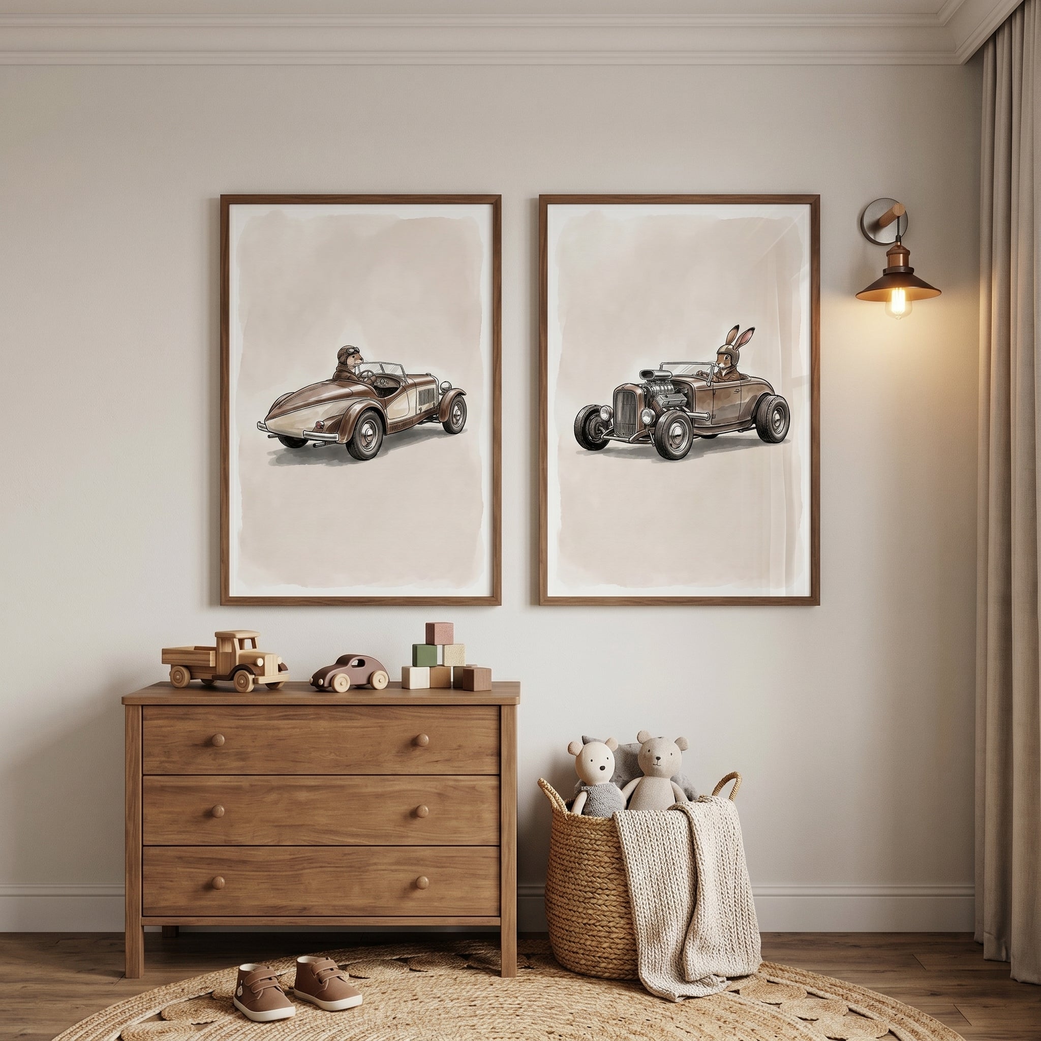 Neutral Sepia Driving Animal Wall Art Set of 2 - Retro Critter Cruisers