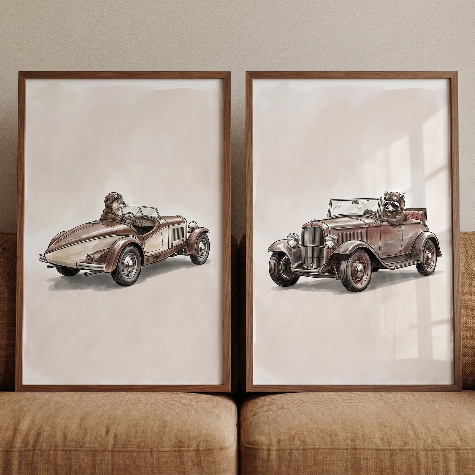 Neutral sepia goggles animal wall art set of 2 with an otter and raccoon driving vintage cars.