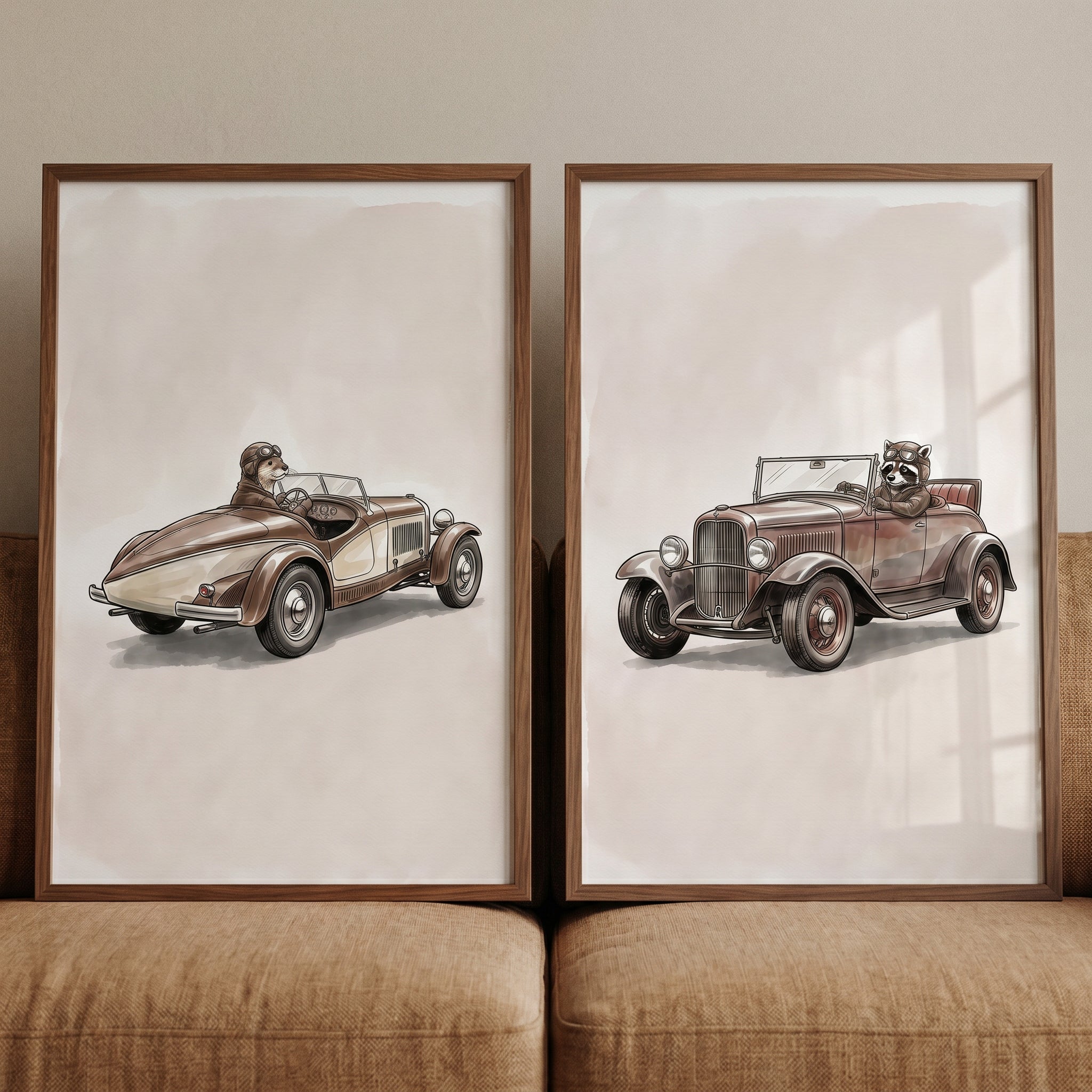 Neutral Sepia Goggles Animal Wall Art Set of 2 - Vintage Animal Racers