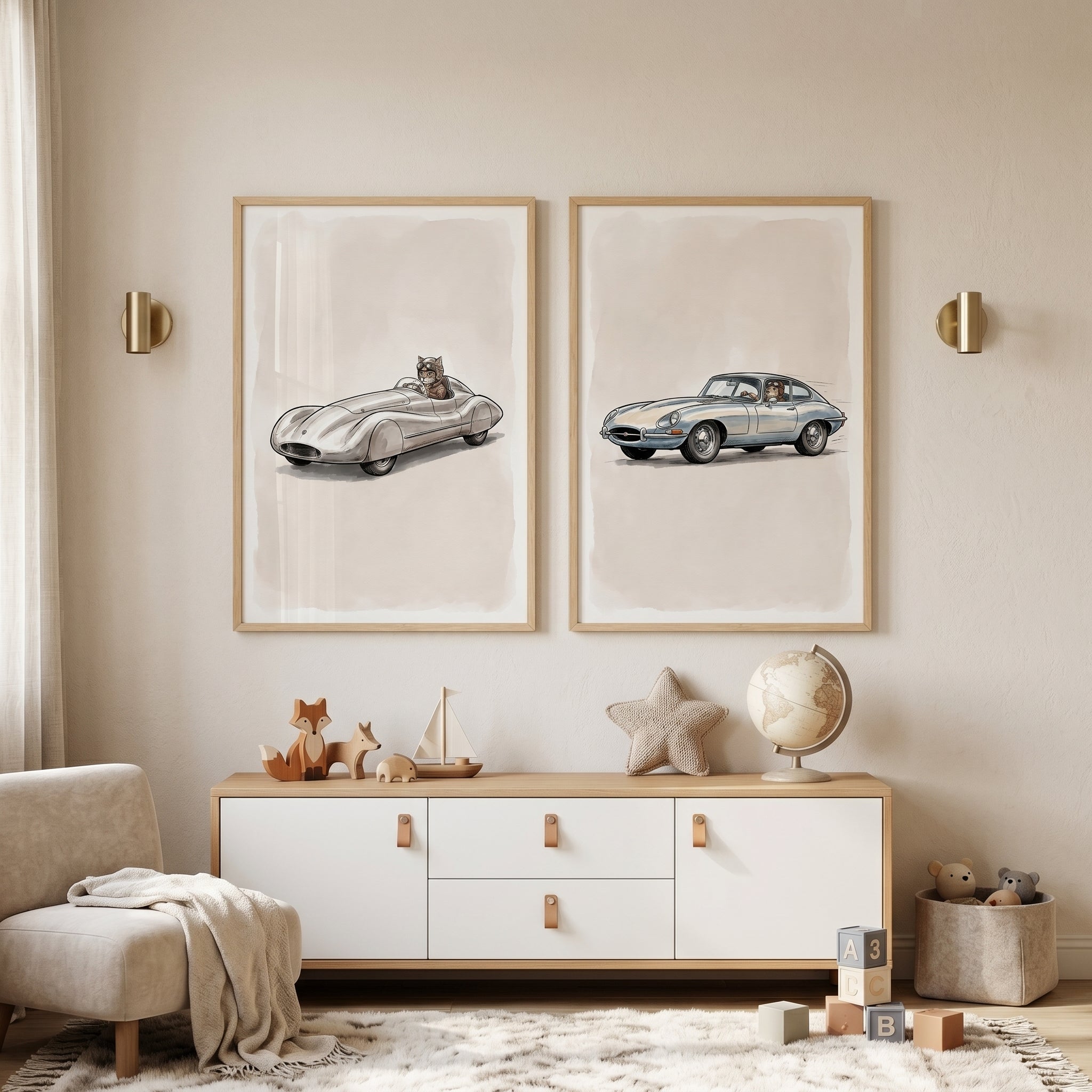Neutral Sepia Racing Animal Wall Art Set of 2 - Pet Speedsters