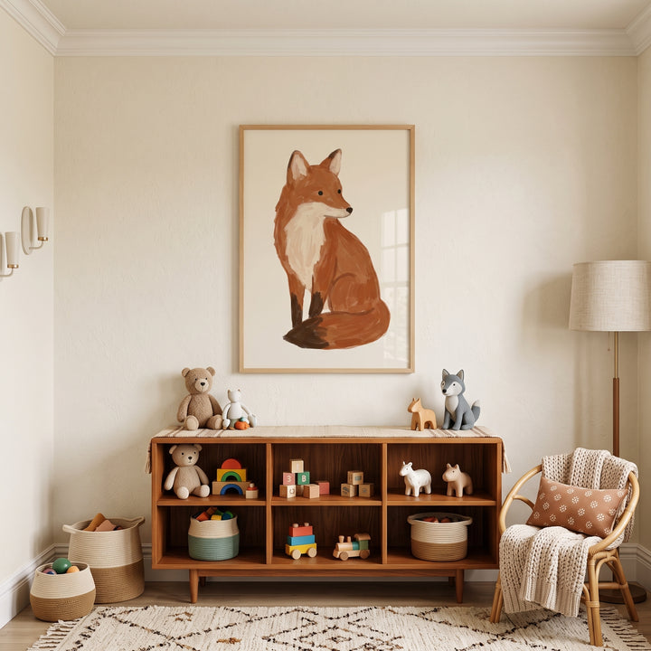 A wooden toy shelf sits below neutral sitting fox wall art in a nursery with a rattan chair and woven baskets.