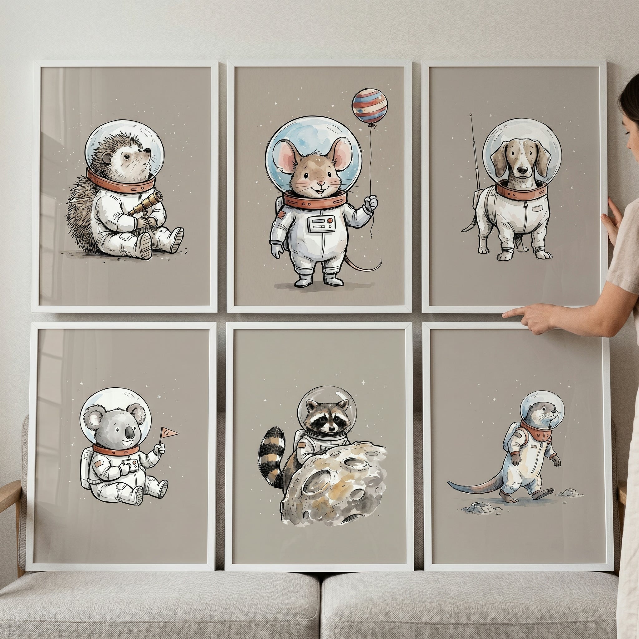 Neutral Space Astronaut Animal Wall Art Set of 6 - Cosmic Critter Crew