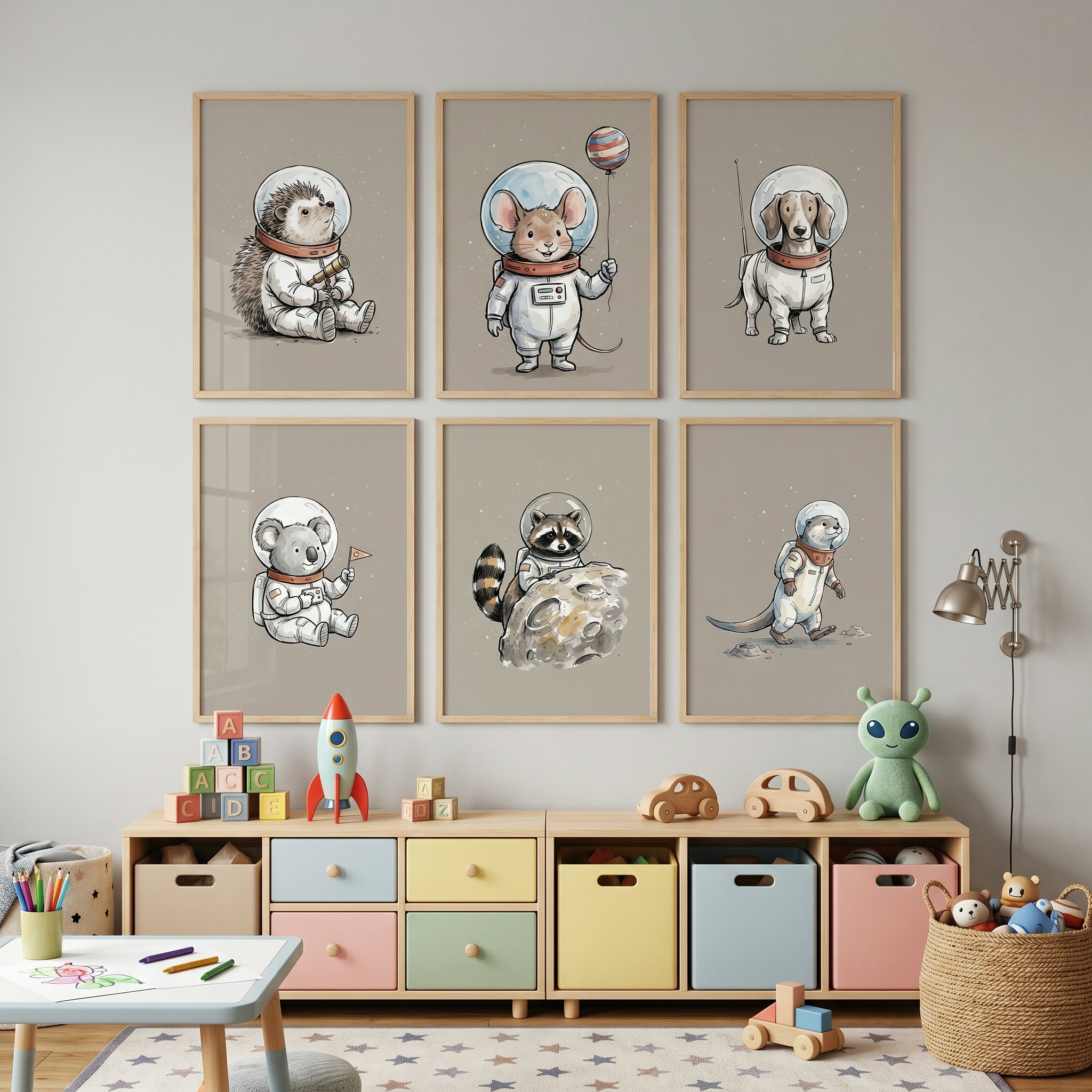 Neutral Space Astronaut Animal Wall Art Set of 6 - Cosmic Critter Crew