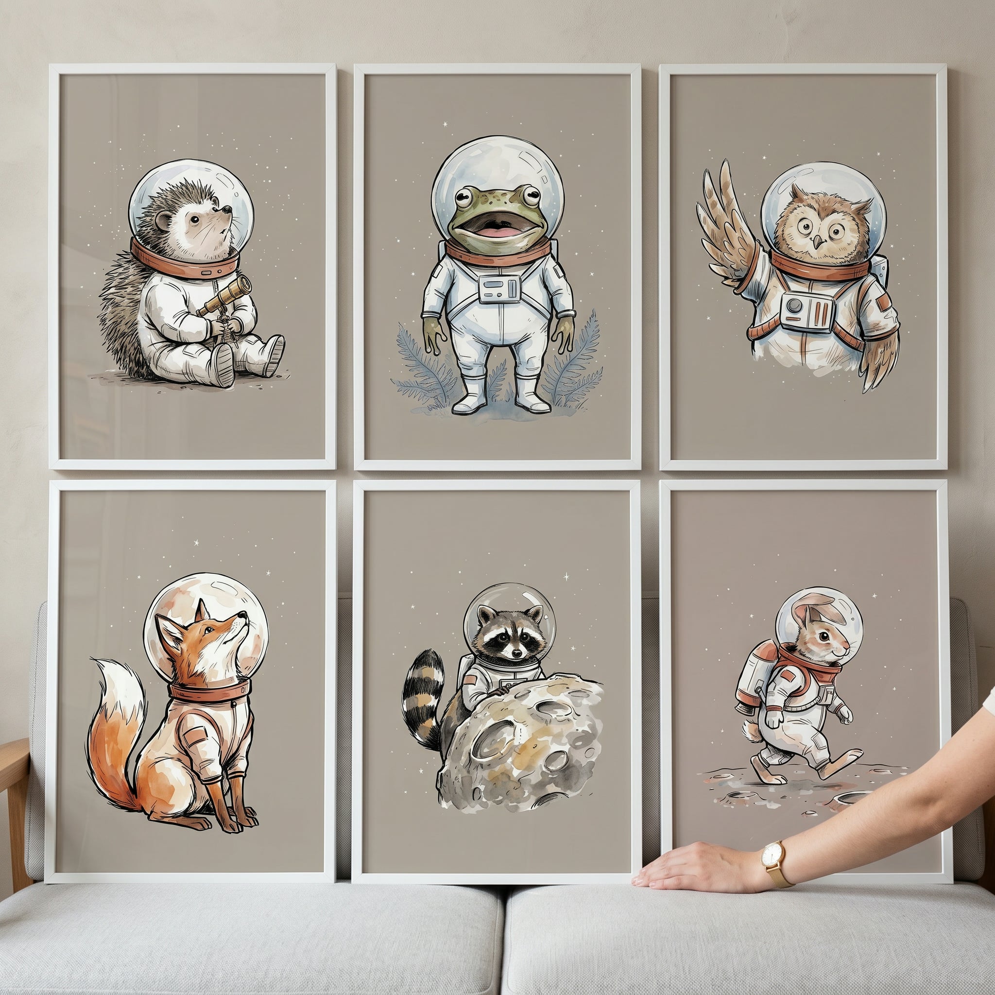 Neutral Space Astronaut Animals Wall Art Set of 6 - Cosmic Forest Friends