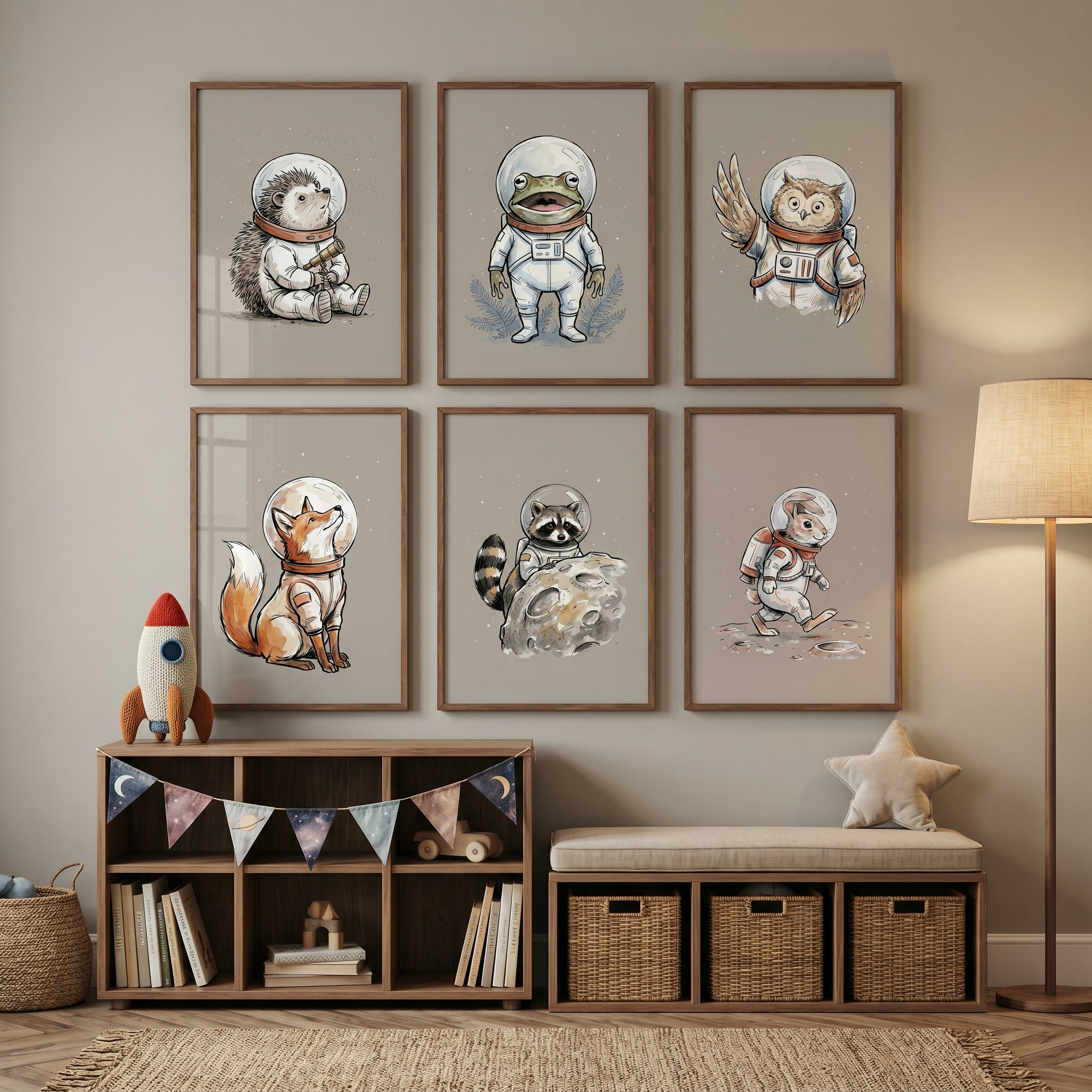 Neutral Space Astronaut Animals Wall Art Set of 6 - Cosmic Forest Friends