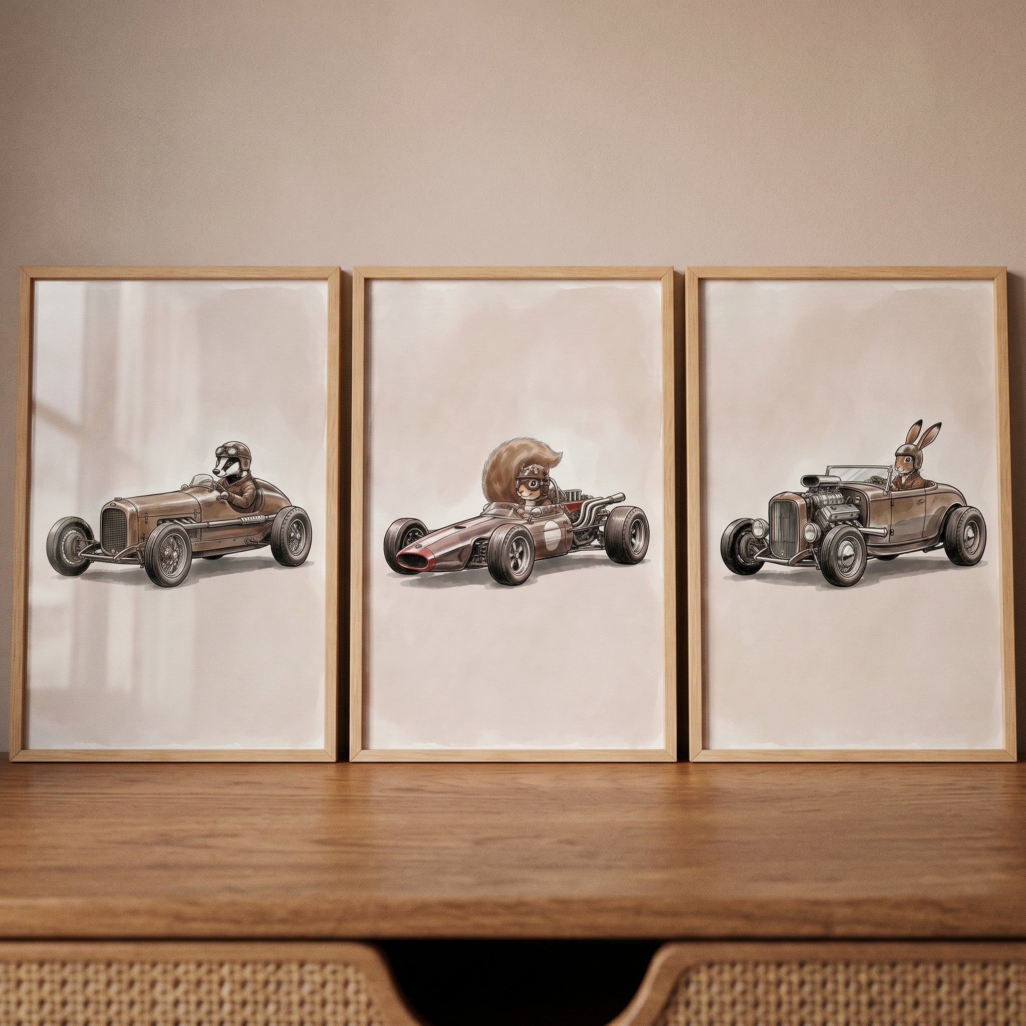Neutral Speedster Woodland Animal Wall Art Set of 3 - Vintage Racing Critters