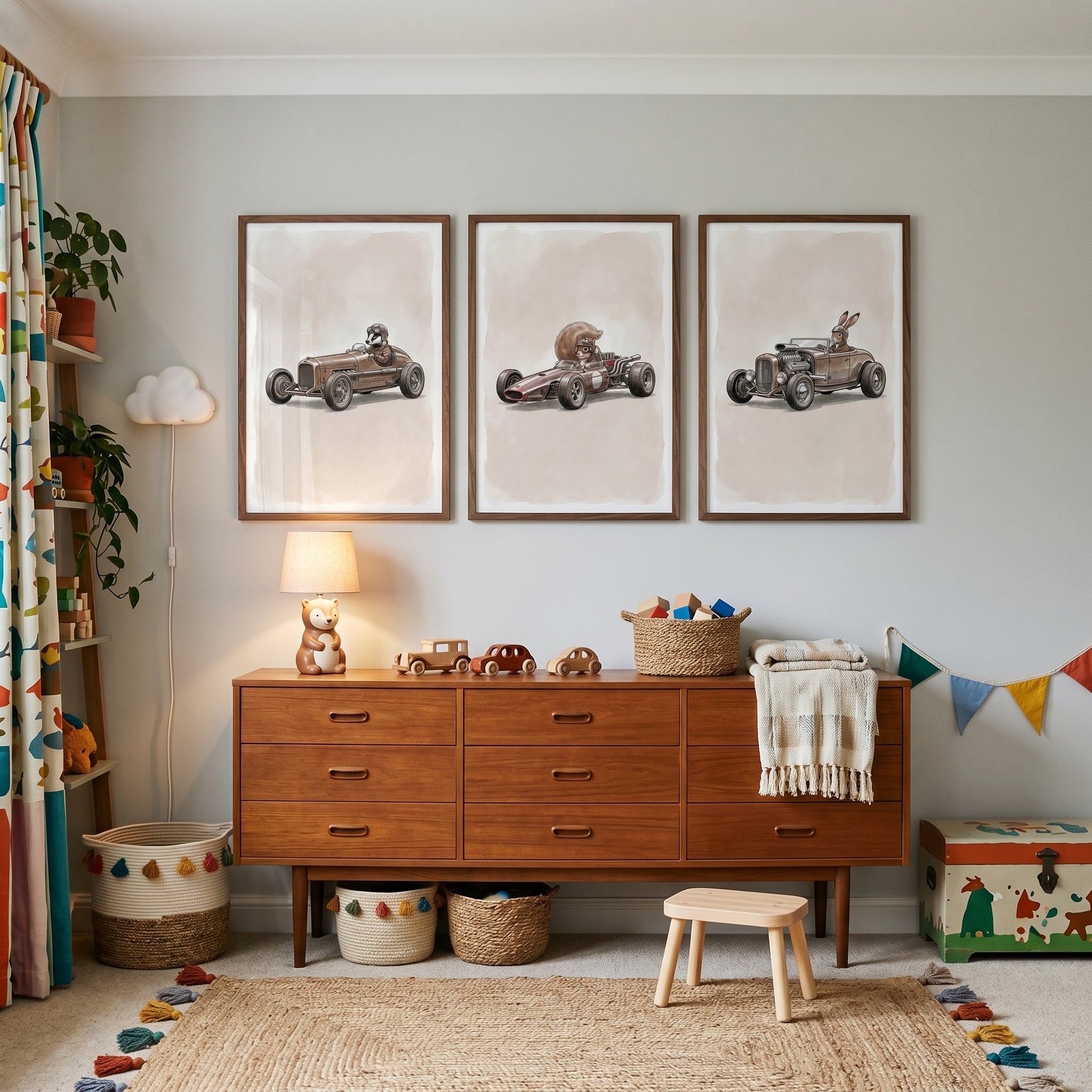 Neutral Speedster Woodland Animal Wall Art Set of 3 - Vintage Racing Critters