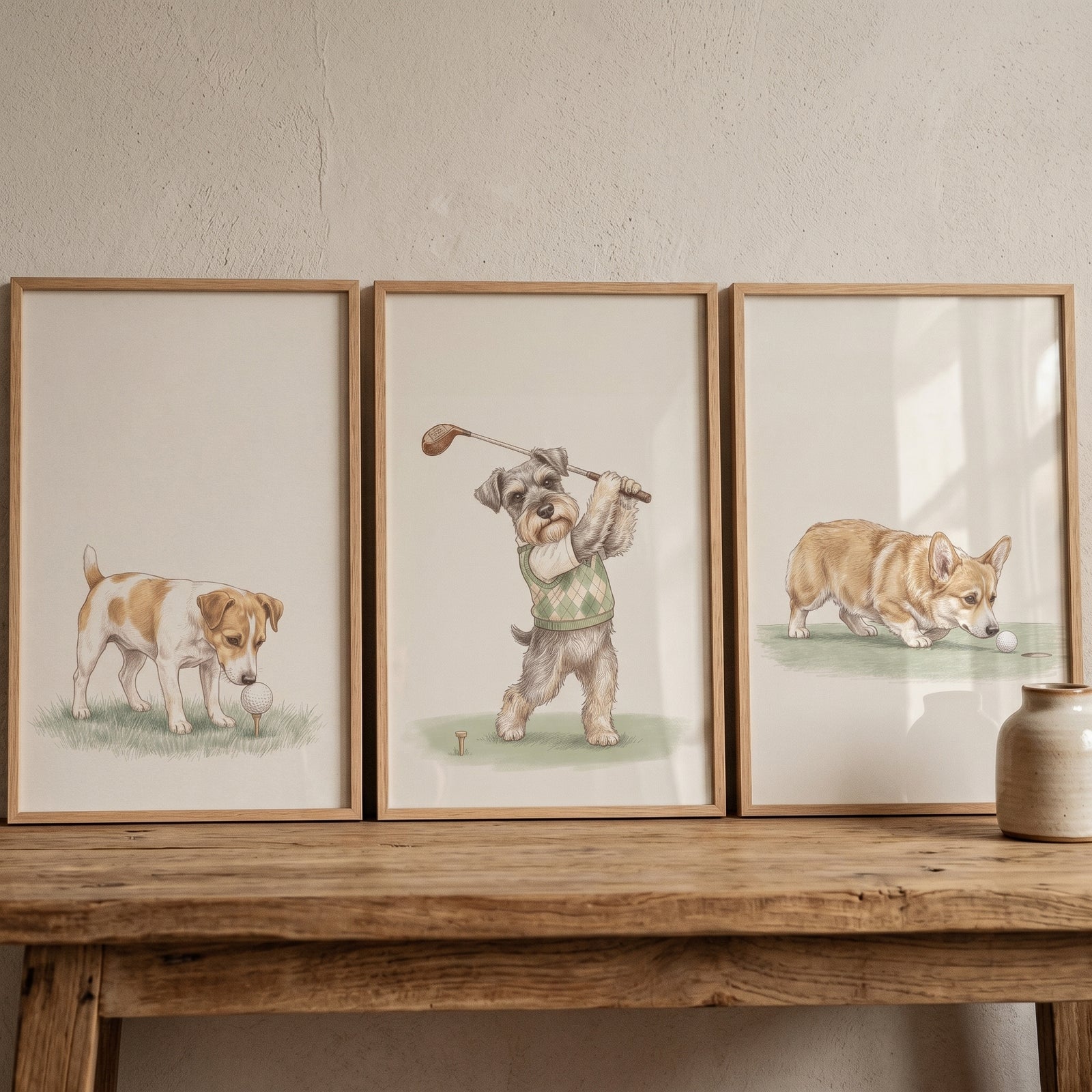 Neutral sportsman golfing dogs wall art set of 3 featuring different breeds, displayed on a rustic wooden table.