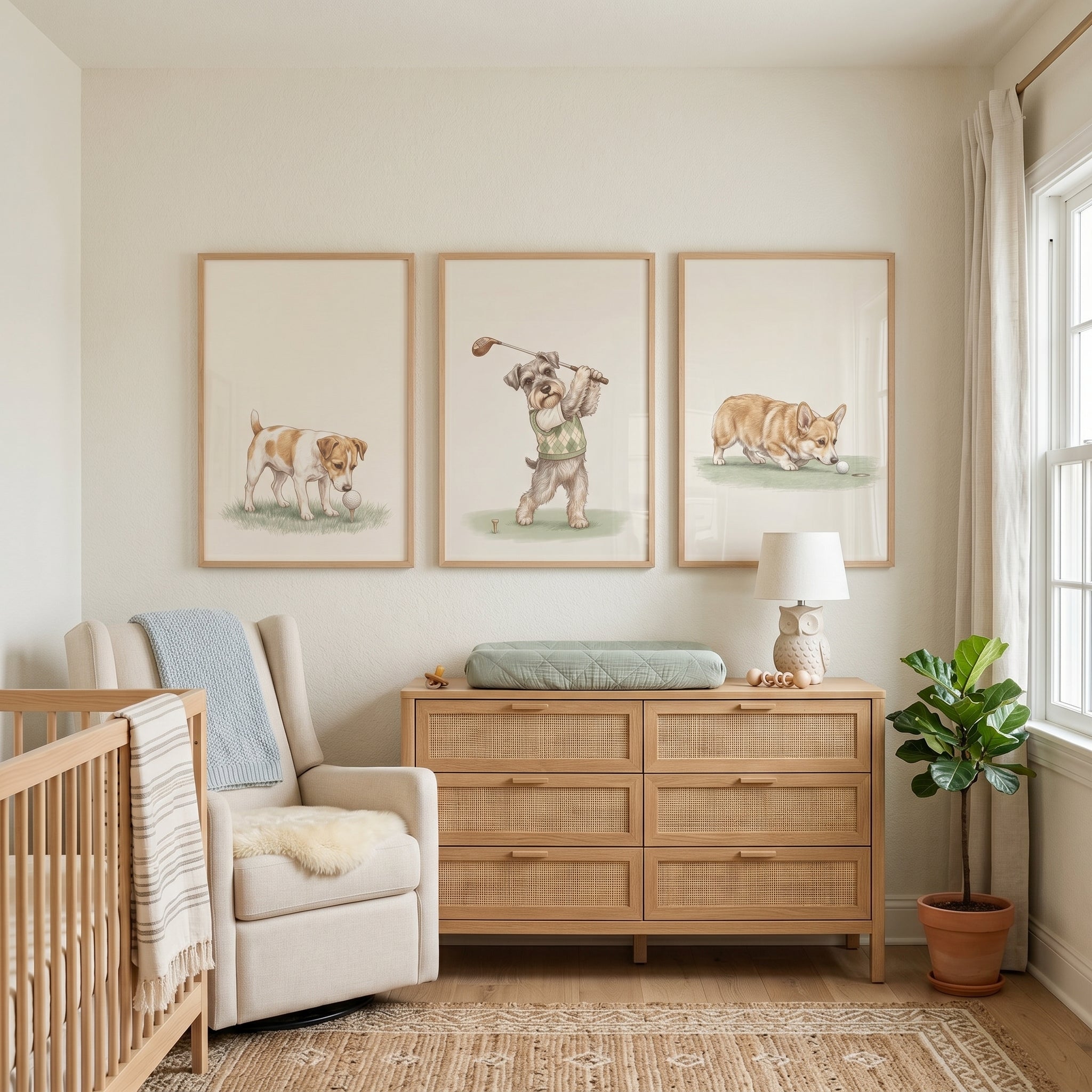 Neutral Sportsman Golfing Dogs Wall Art Set of 3 - Golfing Dog Trio