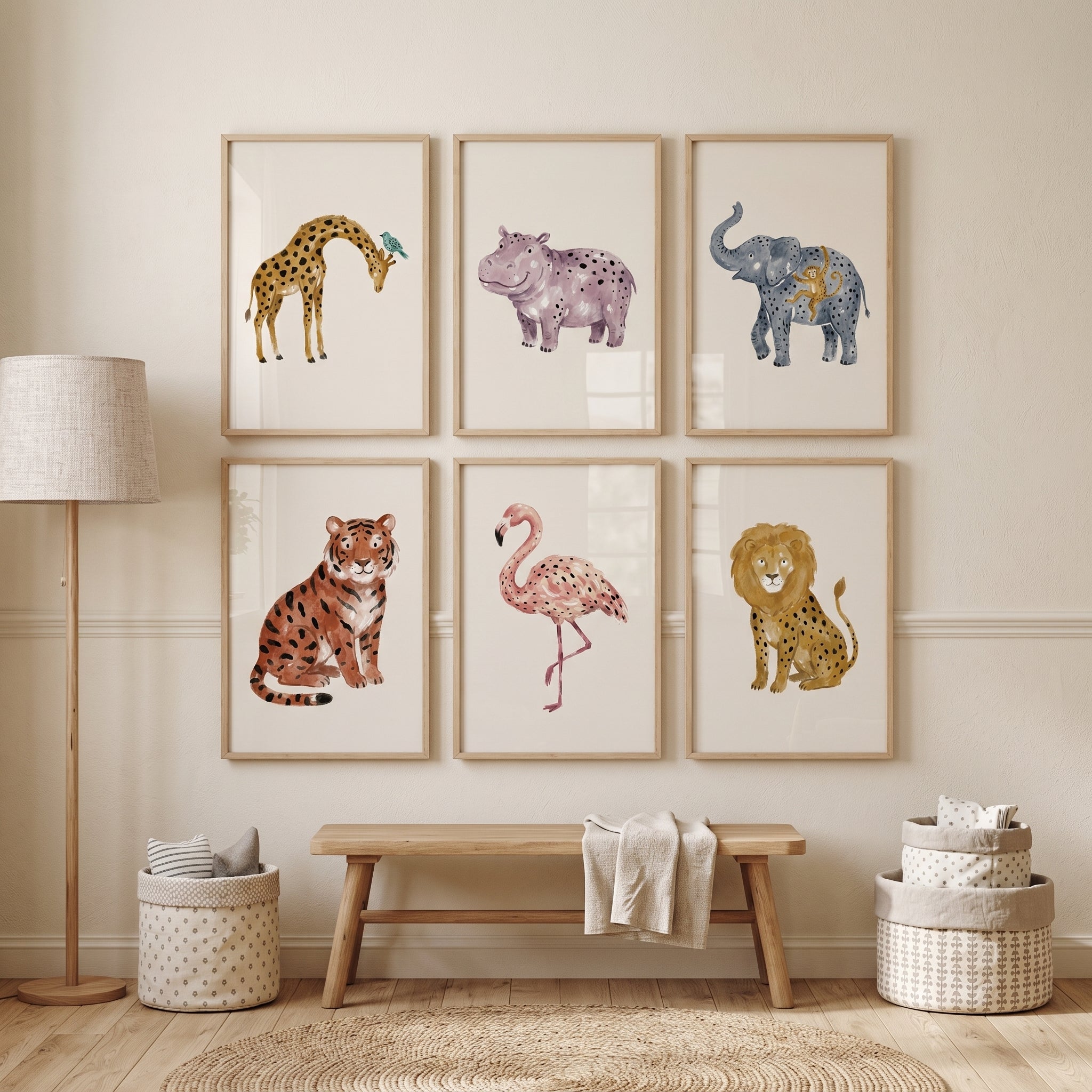 Neutral Spotted Safari Animals Wall Art Set of 6 - Whimsical Safari Friends
